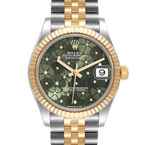 This image shows a front view of the Rolex Mid-Size 278273C Women's Steel and Gold (two tone) Green Dial 278273C Women's Steel and Gold (two tone) Green Dial Oyster Perpetual Datejust, highlighting the dial, bezel, and bracelet.