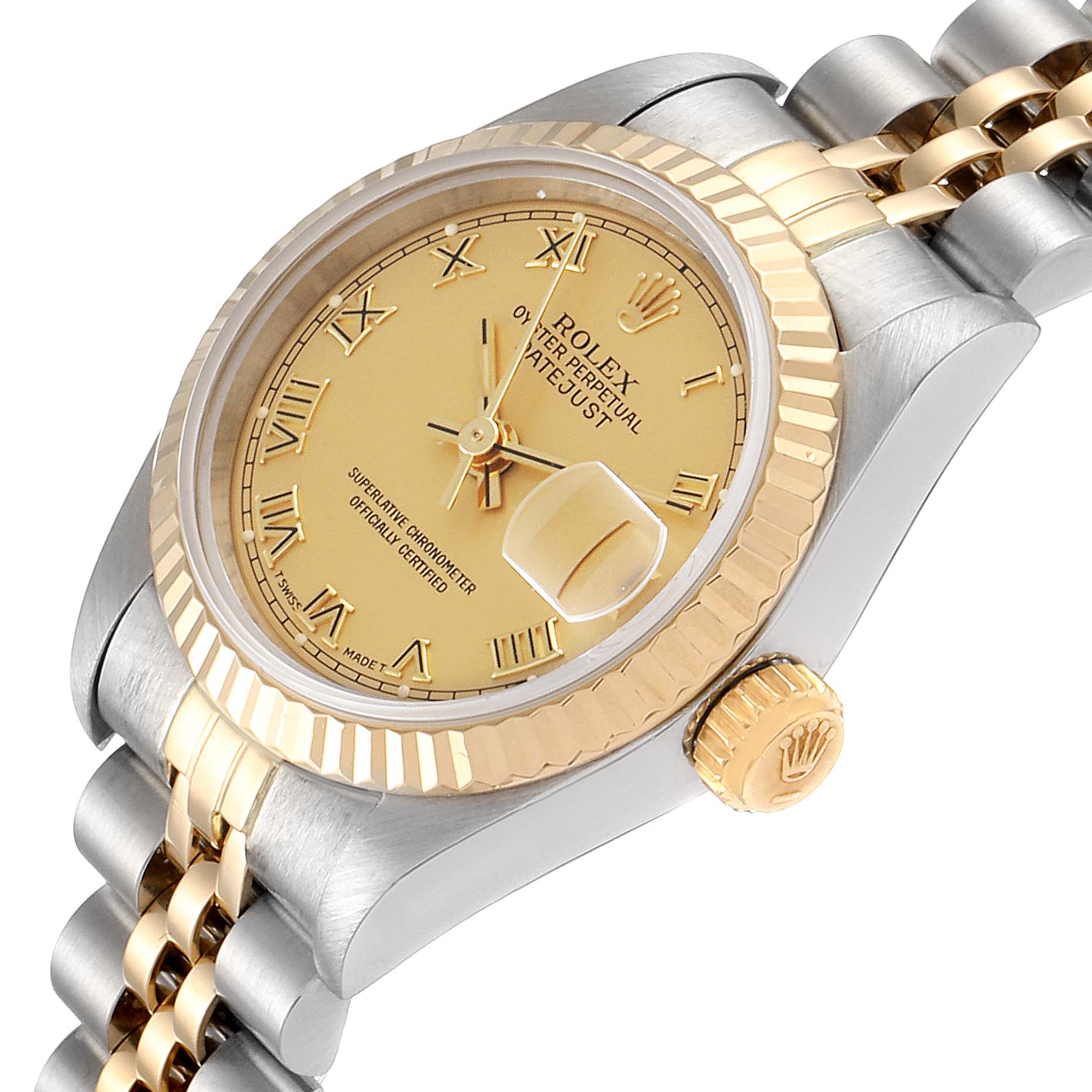 This image shows a close-up angled view of the Rolex Datejust 69173 Women's Steel and Gold (two tone) Champagne Dial 69173 Women's Steel and Gold (two tone) Champagne Dial watch, focusing on the face, bezel, crown, and part of the bracelet.
