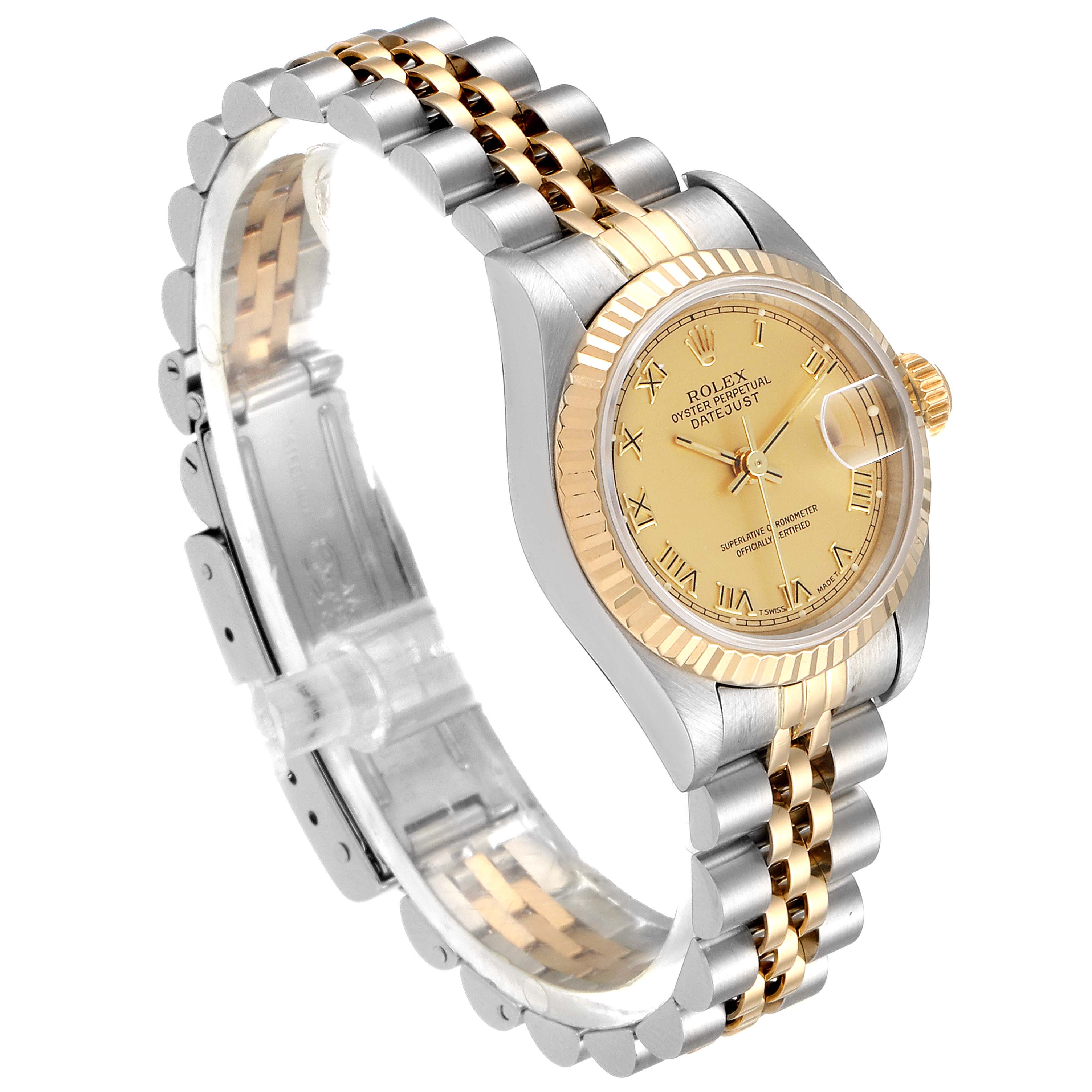 A side angle view of the Rolex Datejust 69173 Women's Steel and Gold (two tone) Champagne Dial 69173 Women's Steel and Gold (two tone) Champagne Dial watch showing the face, bezel, and two-tone metal bracelet.