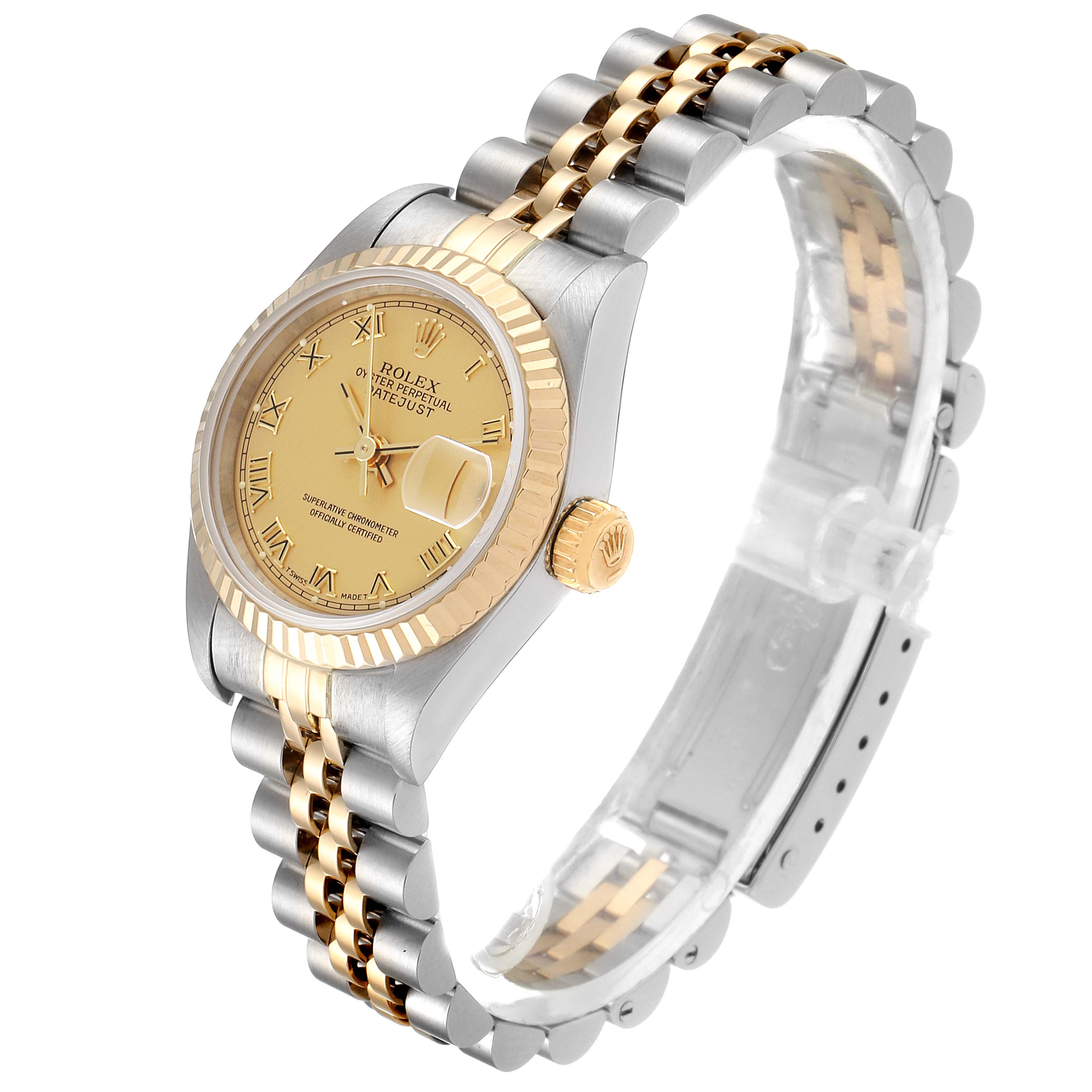 The Rolex Datejust 69173 Women's Steel and Gold (two tone) Champagne Dial 69173 Women's Steel and Gold (two tone) Champagne Dial watch is shown from the three-quarter angle, highlighting its bezel, dial, bracelet, and crown.
