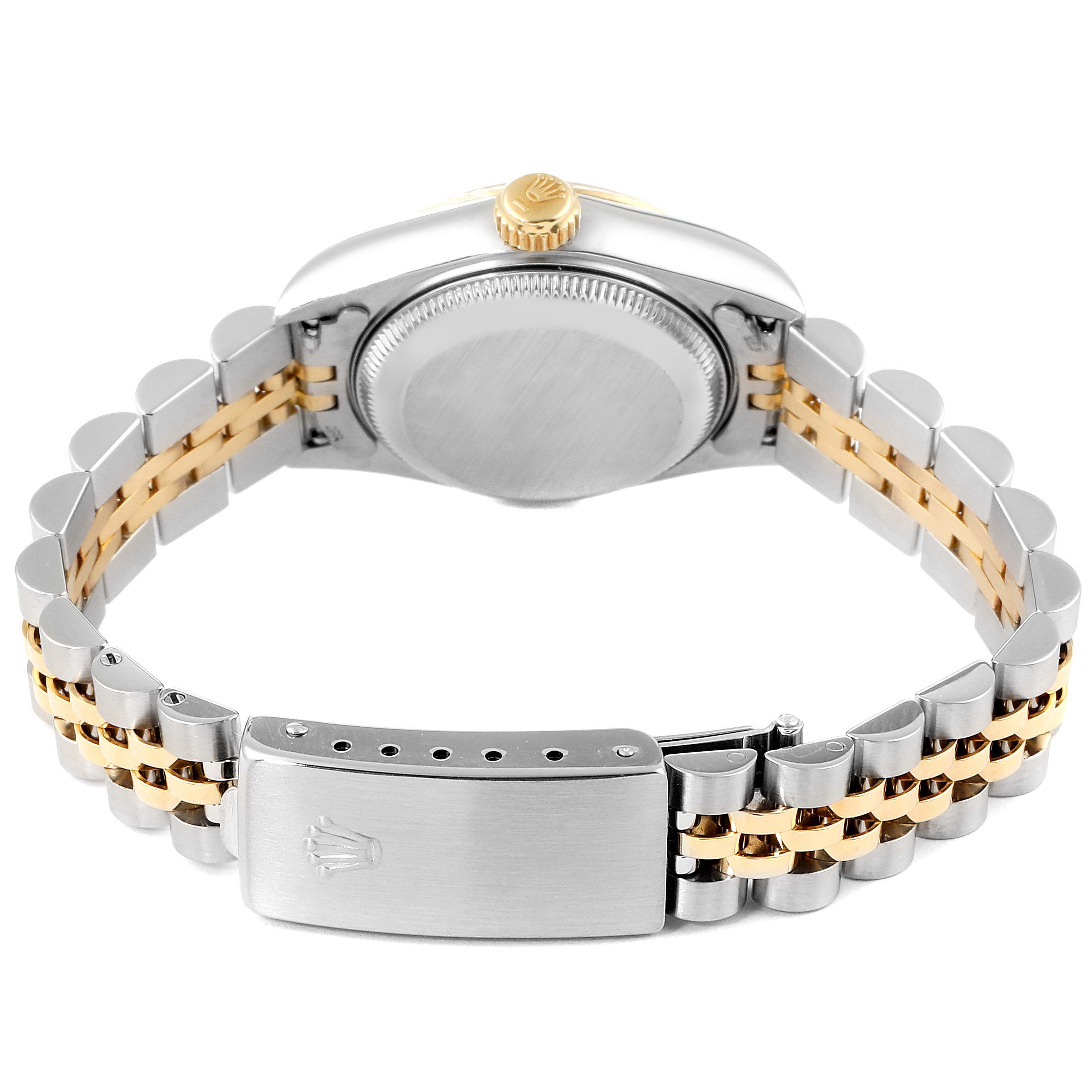 The image shows the back view of a Rolex Datejust 69173 Women's Steel and Gold (two tone) Champagne Dial 69173 Women's Steel and Gold (two tone) Champagne Dial watch, highlighting its bracelet, clasp, caseback, and crown.