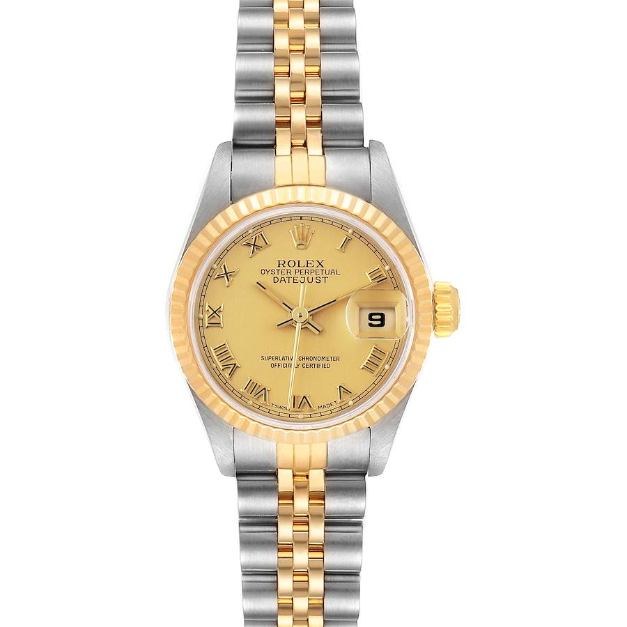 The image shows a front view of the Rolex Datejust 69173 Women's Steel and Gold (two tone) Champagne Dial 69173 Women's Steel and Gold (two tone) Champagne Dial watch, highlighting its gold dial, fluted bezel, and two-tone bracelet.