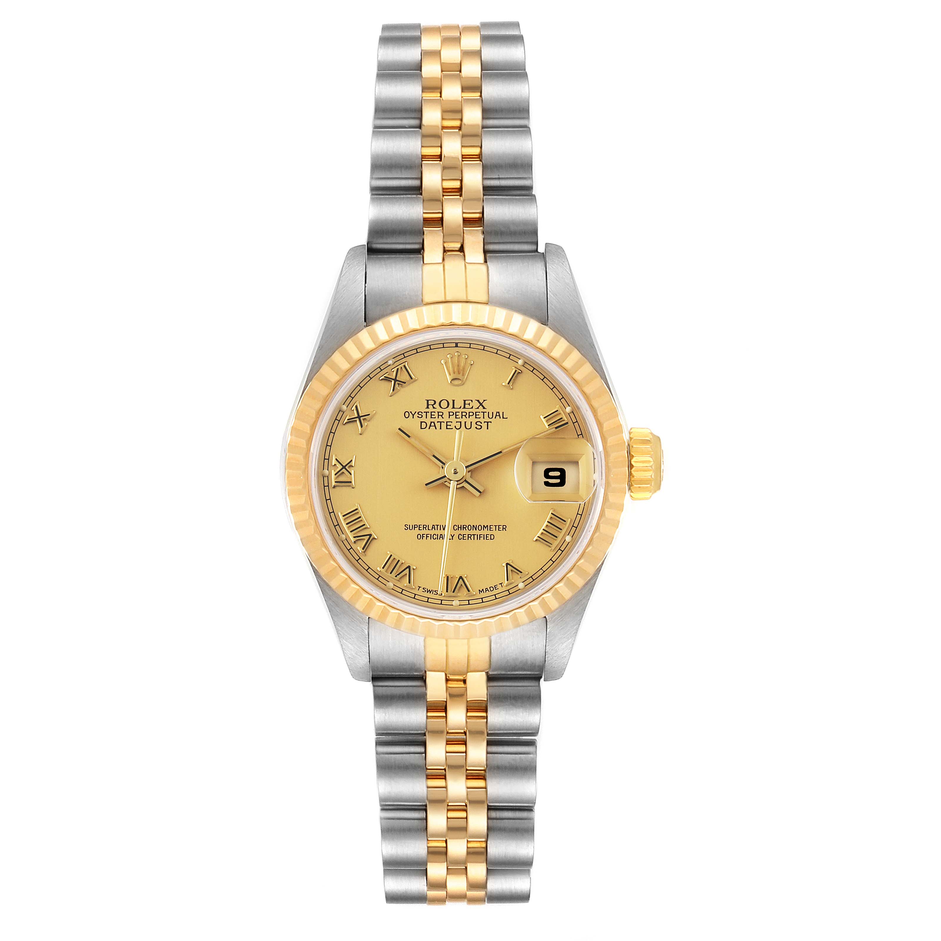 This image shows a front view of a Rolex Datejust 69173 Women's Steel and Gold (two tone) Champagne Dial 69173 Women's Steel and Gold (two tone) Champagne Dial watch, detailing the dial, bracelet, bezel, and date feature.