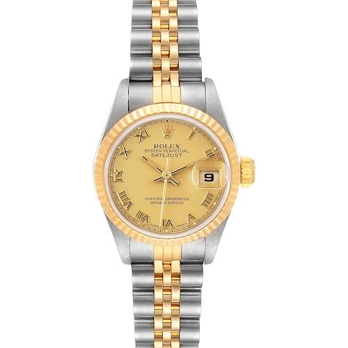 The image shows a front view of a Rolex Datejust 69173 Women's Steel and Gold (two tone) Champagne Dial 69173 Women's Steel and Gold (two tone) Champagne Dial watch with a gold dial, gold bezel, and two-tone metal bracelet.
