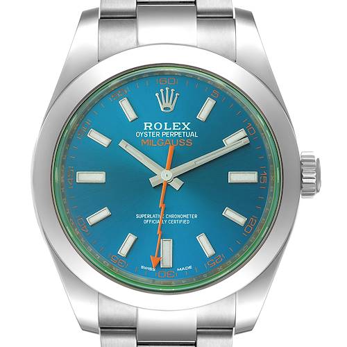 This image shows a front view of the Rolex Milgauss 116400GV Men's Stainless Steel Blue Dial 116400GV Men's Stainless Steel Blue Dial watch, highlighting the blue dial, orange seconds hand, and stainless steel bracelet.