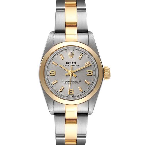 The image shows a front view of a Rolex Oyster Perpetual 67183 Women's Steel and Gold (two tone) Silver Dial 67183 Women's Steel and Gold (two tone) Silver Dial watch with a silver and gold bracelet, silver dial, and gold accents.