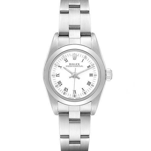 This image shows a frontal view of the Rolex Oyster Perpetual 76080 Women's Stainless Steel White Dial 76080 Women's Stainless Steel White Dial model, displaying the bracelet, case, dial, and crown.