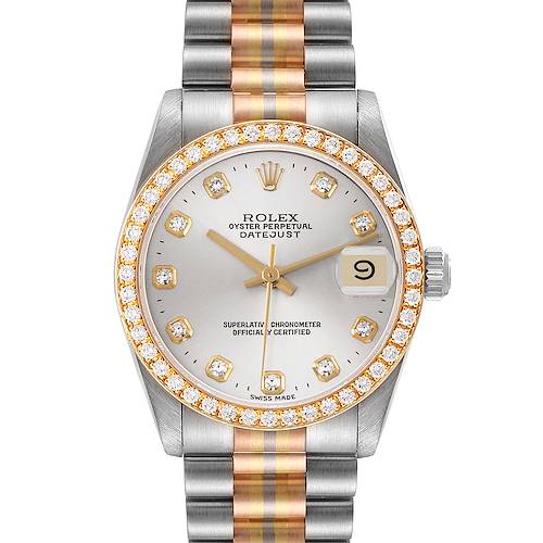 The Rolex President 68289 Women's White Gold Silver Dial 68289 Women's White Gold Silver Dial model is shown from the front, highlighting the face, bezel, and bracelet.
