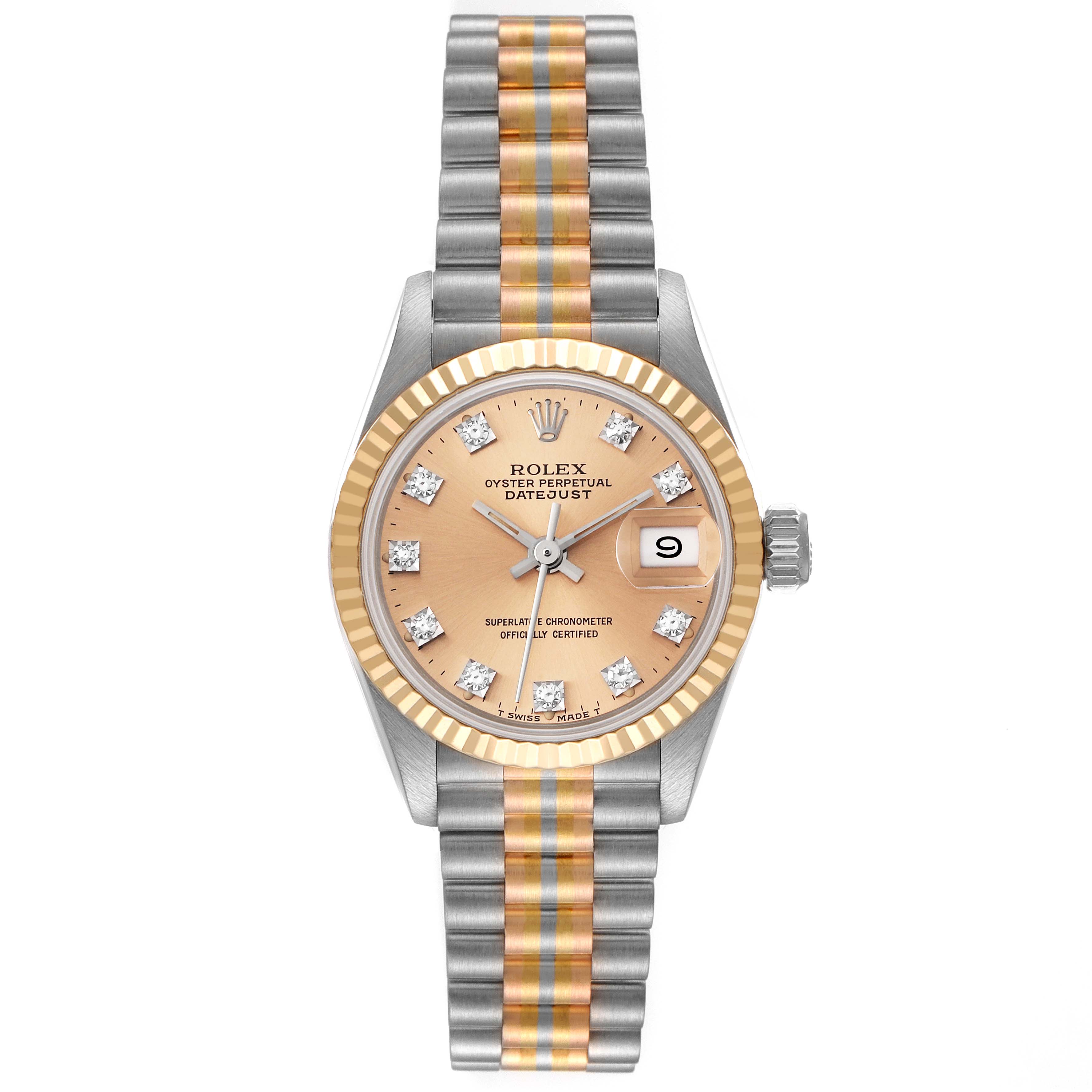 This image shows the front view of a Rolex President 69179G Women's White Gold Champagne Dial 69179G Women's White Gold Champagne Dial model watch, highlighting its dial, fluted bezel, and Jubilee bracelet.