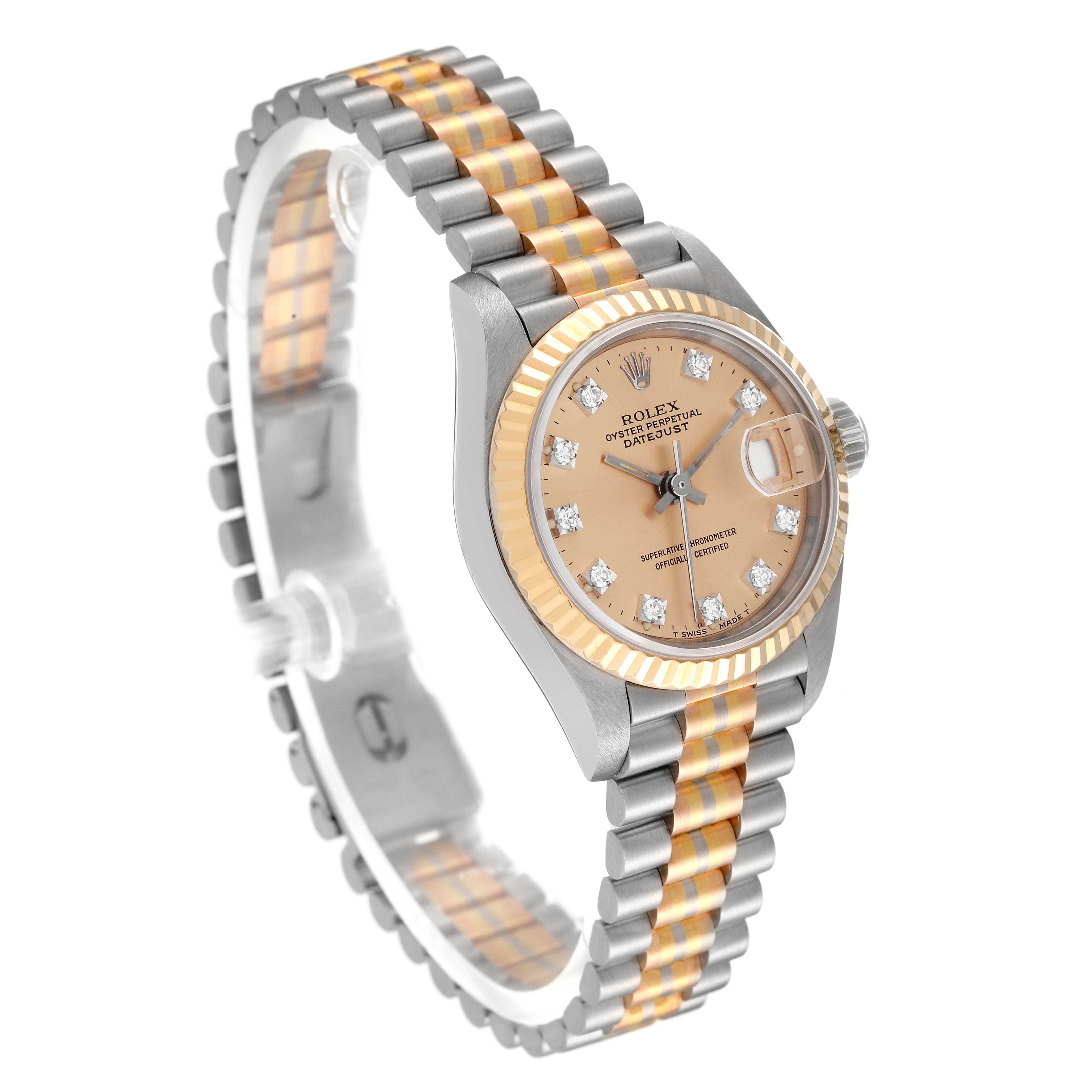 The Rolex President 69179G Women's White Gold Champagne Dial 69179G Women's White Gold Champagne Dial model watch is shown at a three-quarter angle, highlighting its face, bezel, and two-tone bracelet.