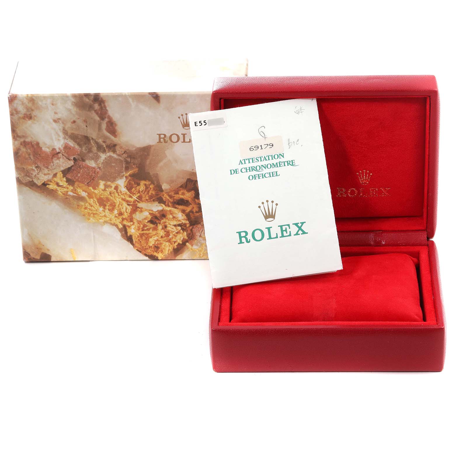 The image shows the packaging and certificate for a Rolex President 69179G Women's White Gold Champagne Dial 69179G Women's White Gold Champagne Dial model watch, including a branded box and an official chronometer attestation.