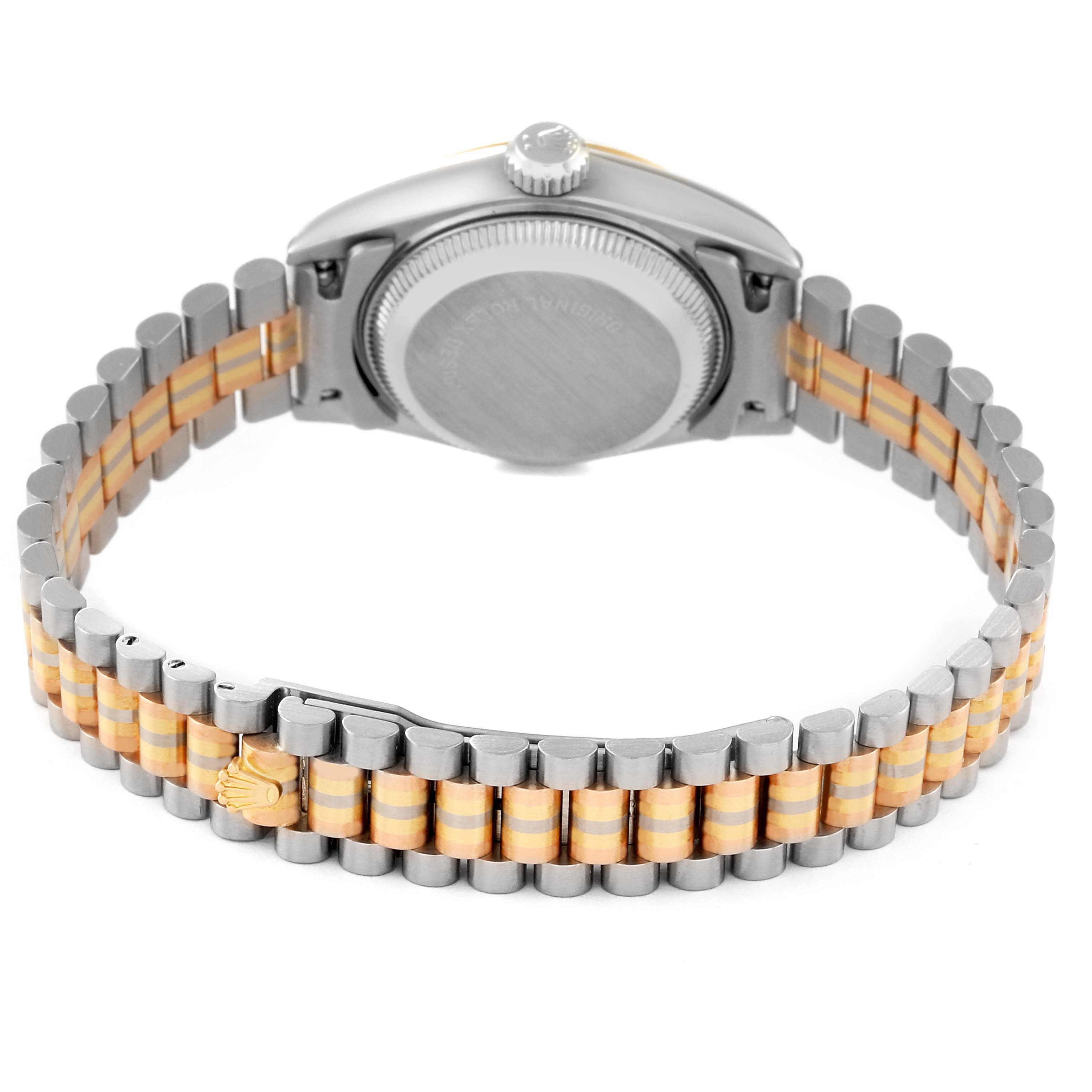 The image shows the back of a Rolex President 69179G Women's White Gold Champagne Dial 69179G Women's White Gold Champagne Dial watch, including the case back and the two-tone bracelet.