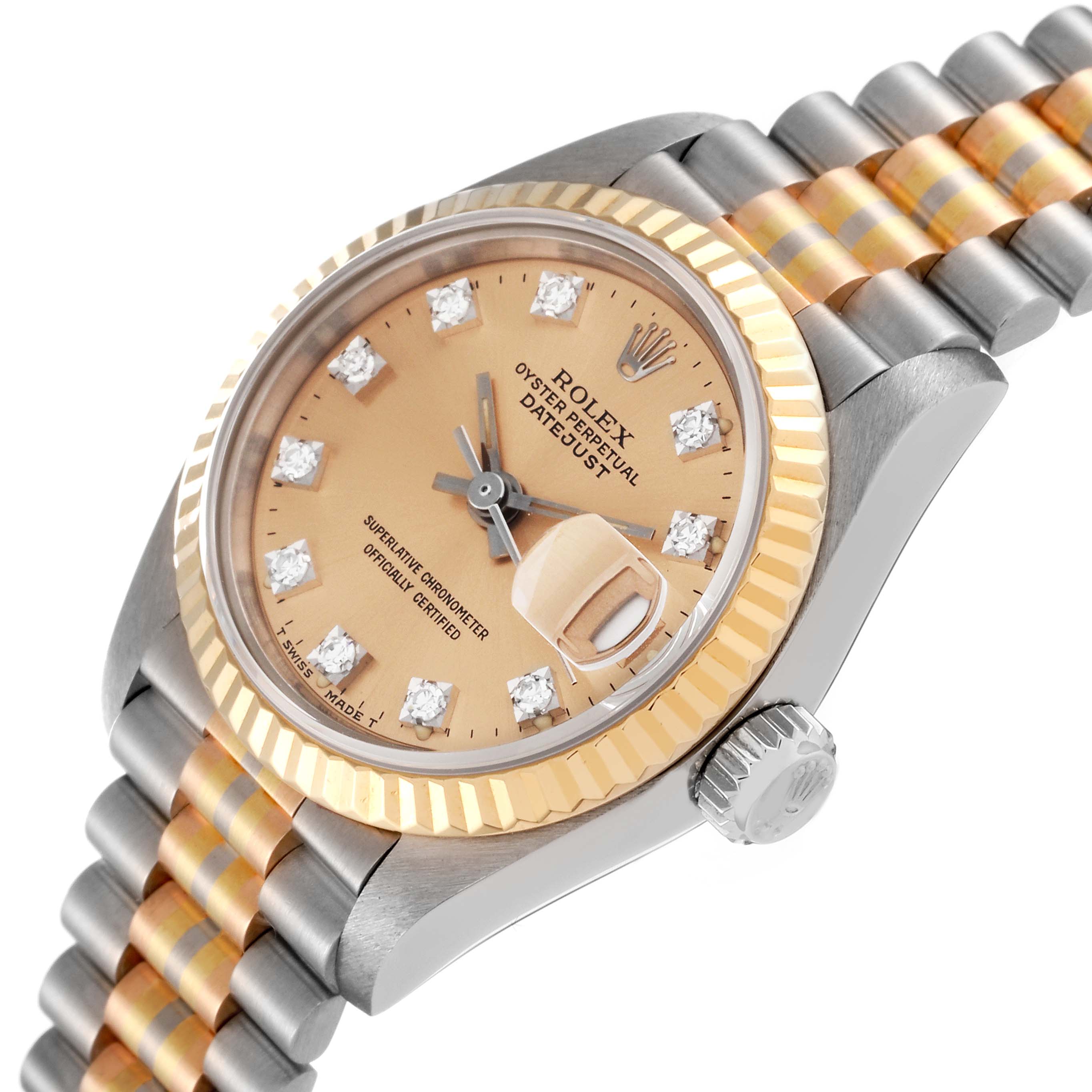 The image shows a close-up of the Rolex President 69179G Women's White Gold Champagne Dial 69179G Women's White Gold Champagne Dial model watch, highlighting the bracelet, dial, bezel, crown, and date window.