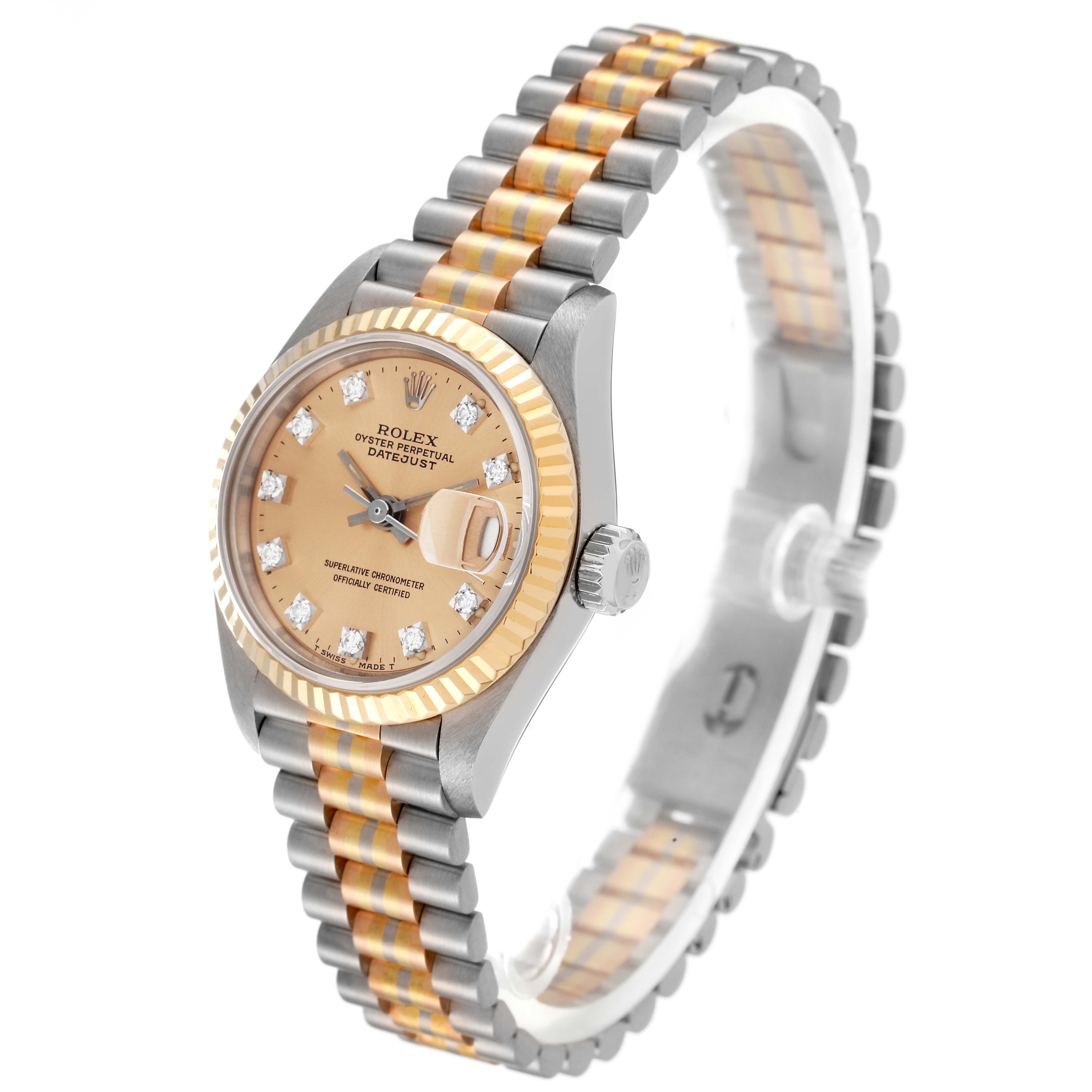 The image shows a Rolex President 69179G Women's White Gold Champagne Dial 69179G Women's White Gold Champagne Dial model watch at a 3/4 angle, with its face, bezel, and bracelet visible.