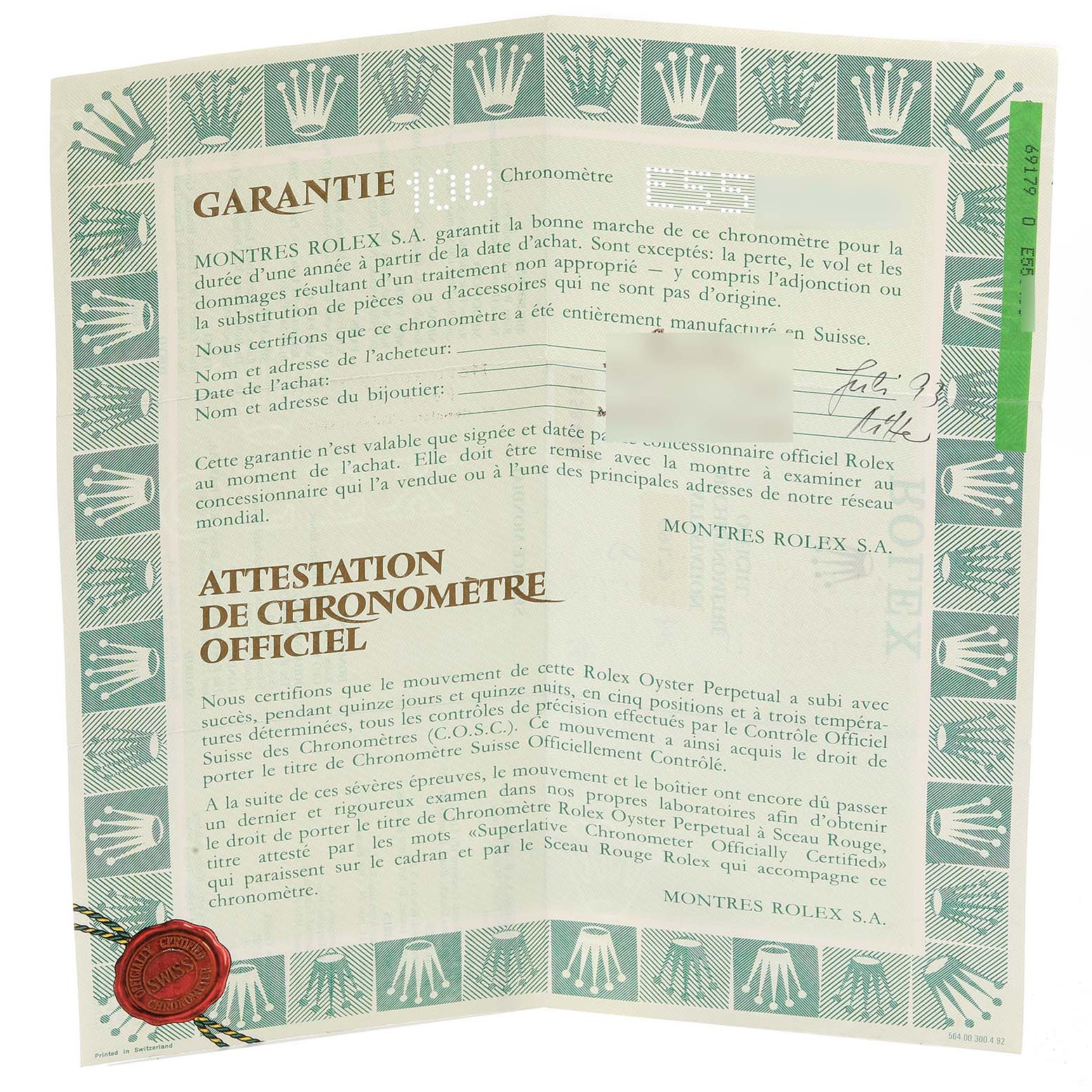 The image shows a warranty and chronometer certification document for the Rolex President 69179G Women's White Gold Champagne Dial 69179G Women's White Gold Champagne Dial model watch.