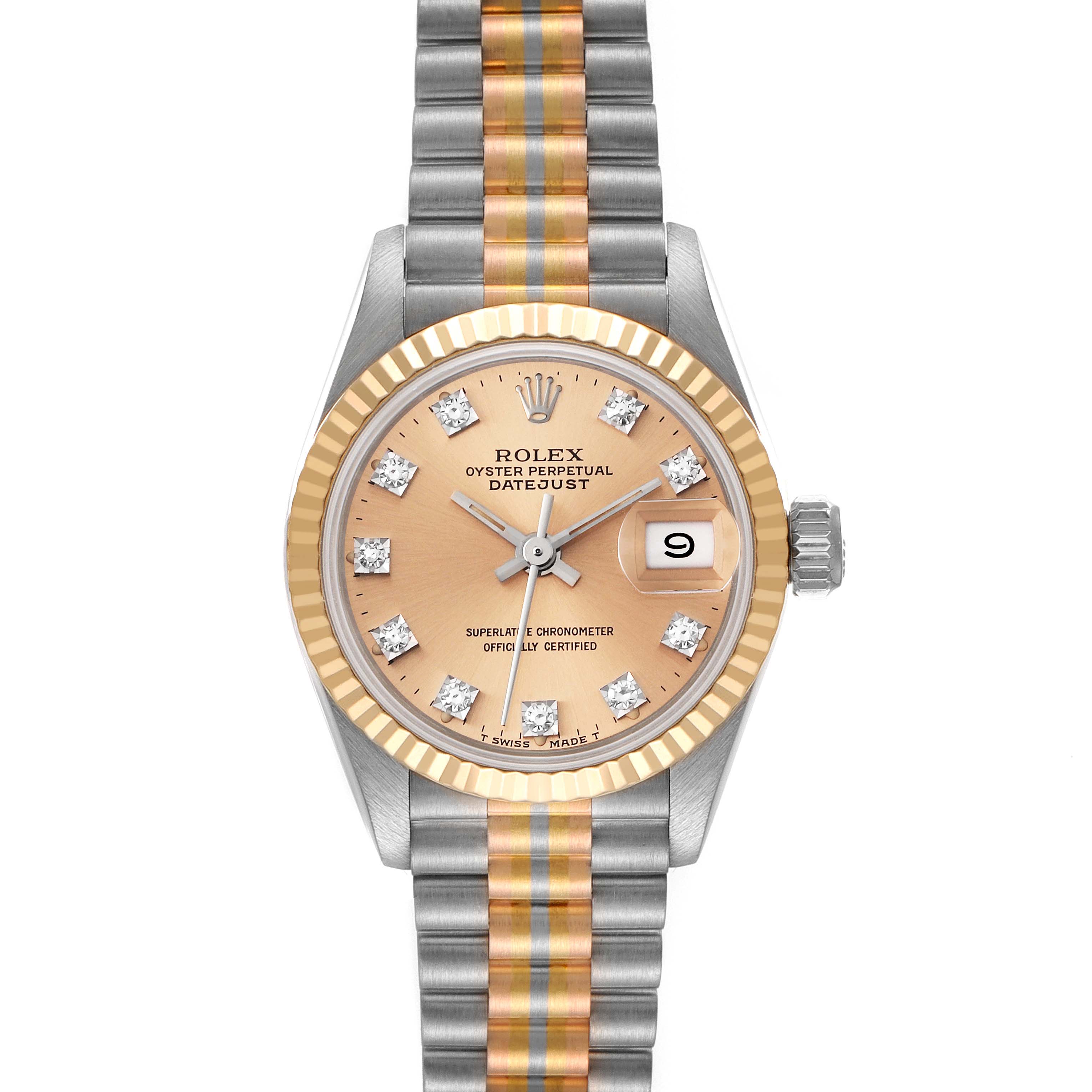 This image shows a frontal view of a Rolex President 69179G Women's White Gold Champagne Dial 69179G Women's White Gold Champagne Dial model watch, including the bracelet, bezel, dial, and date window.