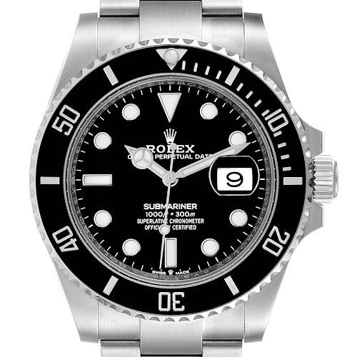 The image shows a front view of a Rolex Submariner 126610 Men's Stainless Steel Black Dial 126610 Men's Stainless Steel Black Dial watch, highlighting its black bezel, dial, and date window.