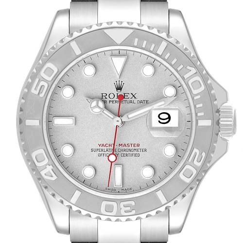 The image shows a frontal view of the Rolex Yacht-Master 16622 Men's Stainless Steel Silver Dial 16622 Men's Stainless Steel Silver Dial watch, displaying its dial, bezel, and part of its bracelet.