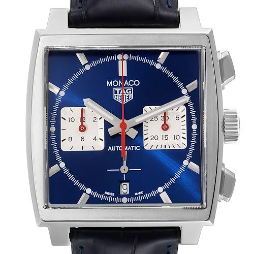 The image shows a front view of the Tag Heuer Monaco CBL2111.FC6453 Men's Stainless Steel Blue Dial CBL2111.FC6453 Men's Stainless Steel Blue Dial watch, highlighting its blue dial, sub-dials, crown, and black strap.