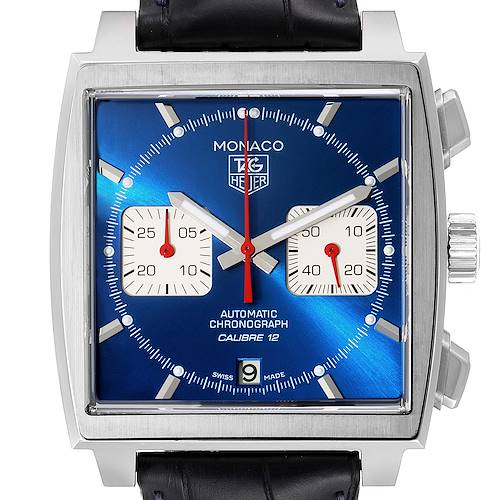 The image shows a front view of the Tag Heuer Monaco CAW2111 Men's Stainless Steel Blue Dial CAW2111 Men's Stainless Steel Blue Dial watch, highlighting its blue dial, chronograph sub-dials, and date window.