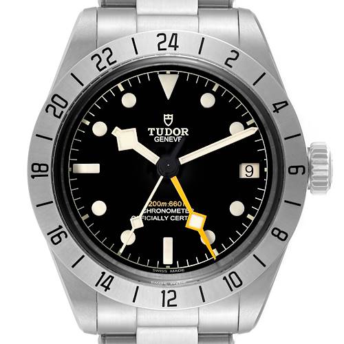 This image shows a front view of the Tudor Heritage Black Bay M79470 Men's Stainless Steel Black Dial M79470 Men's Stainless Steel Black Dial watch, highlighting the dial, bezel, and part of the bracelet.