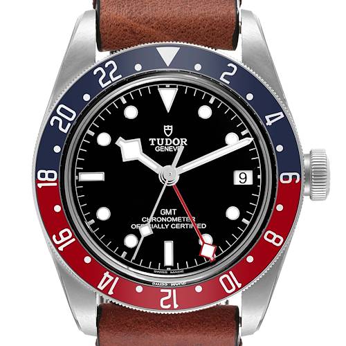 This image shows the Tudor Heritage Black Bay 79830RB Men's Stainless Steel Black Dial 79830RB Men's Stainless Steel Black Dial watch face and bezel, featuring a black dial, date window, and a brown leather strap.