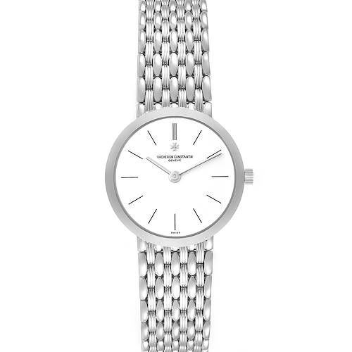 This image shows a front view of the Vacheron Constantin Traditionnelle 27093 Women's White Gold White Dial 27093 Women's White Gold White Dial watch, displaying its face and bracelet.