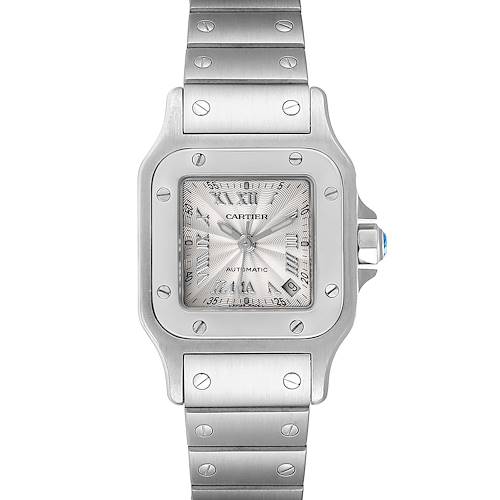 The image shows a frontal view of a Santos de Cartier watch, displaying its face, bezel, and part of the bracelet.