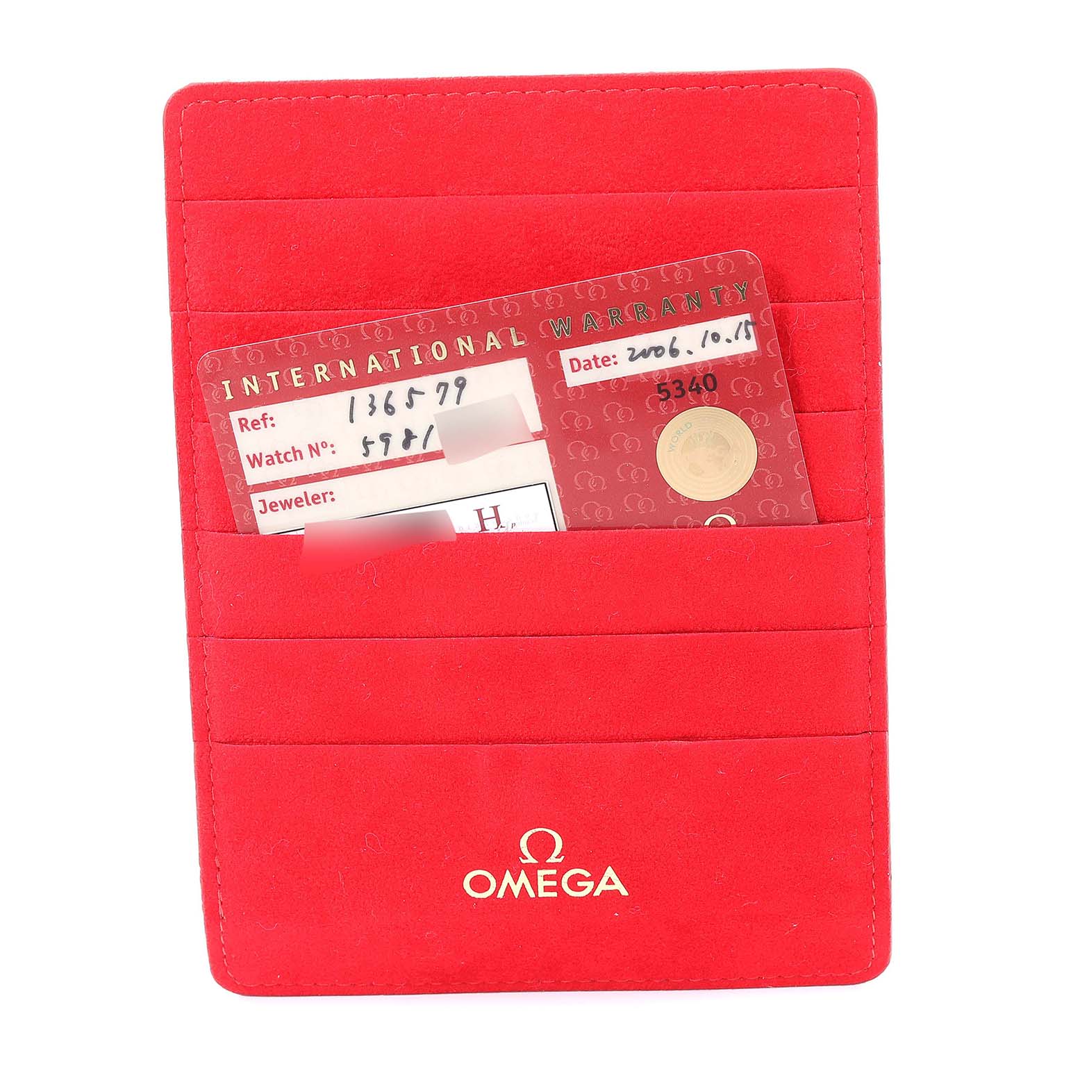 The image shows the warranty card and red cardholder for the Omega 1365.79.00 Women's Steel and Gold (two tone) Mother of Pearl Dial 1365.79.00 Women's Steel and Gold (two tone) Mother of Pearl Dial Constellation Iris Steel Rose Gold Multi Stone Watch 1365.79.00.