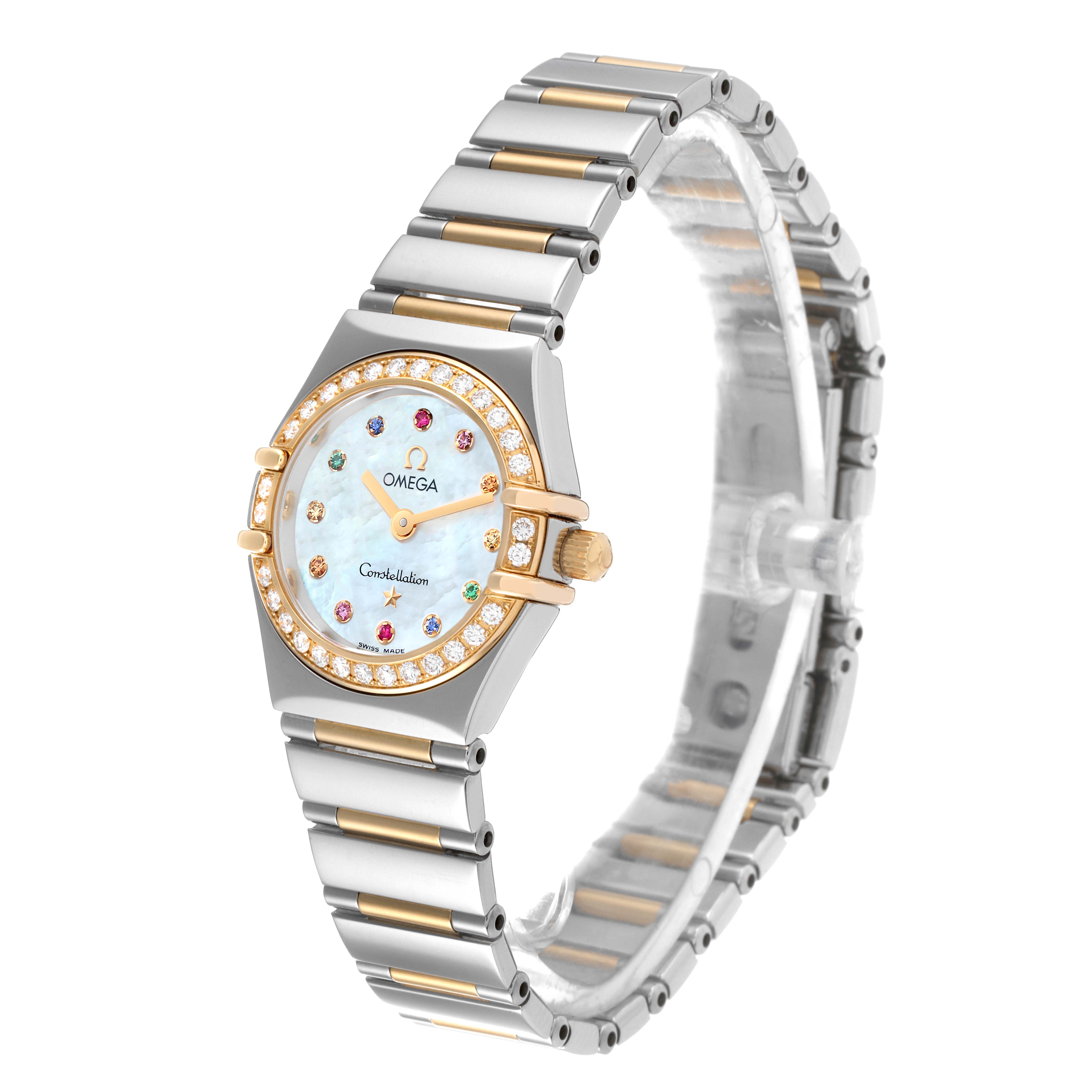 The Omega 1365.79.00 Women's Steel and Gold (two tone) Mother of Pearl Dial 1365.79.00 Women's Steel and Gold (two tone) Mother of Pearl Dial Constellation Iris Steel Rose Gold 1365.79.00 watch is shown at an angled view, highlighting the face and bracelet.