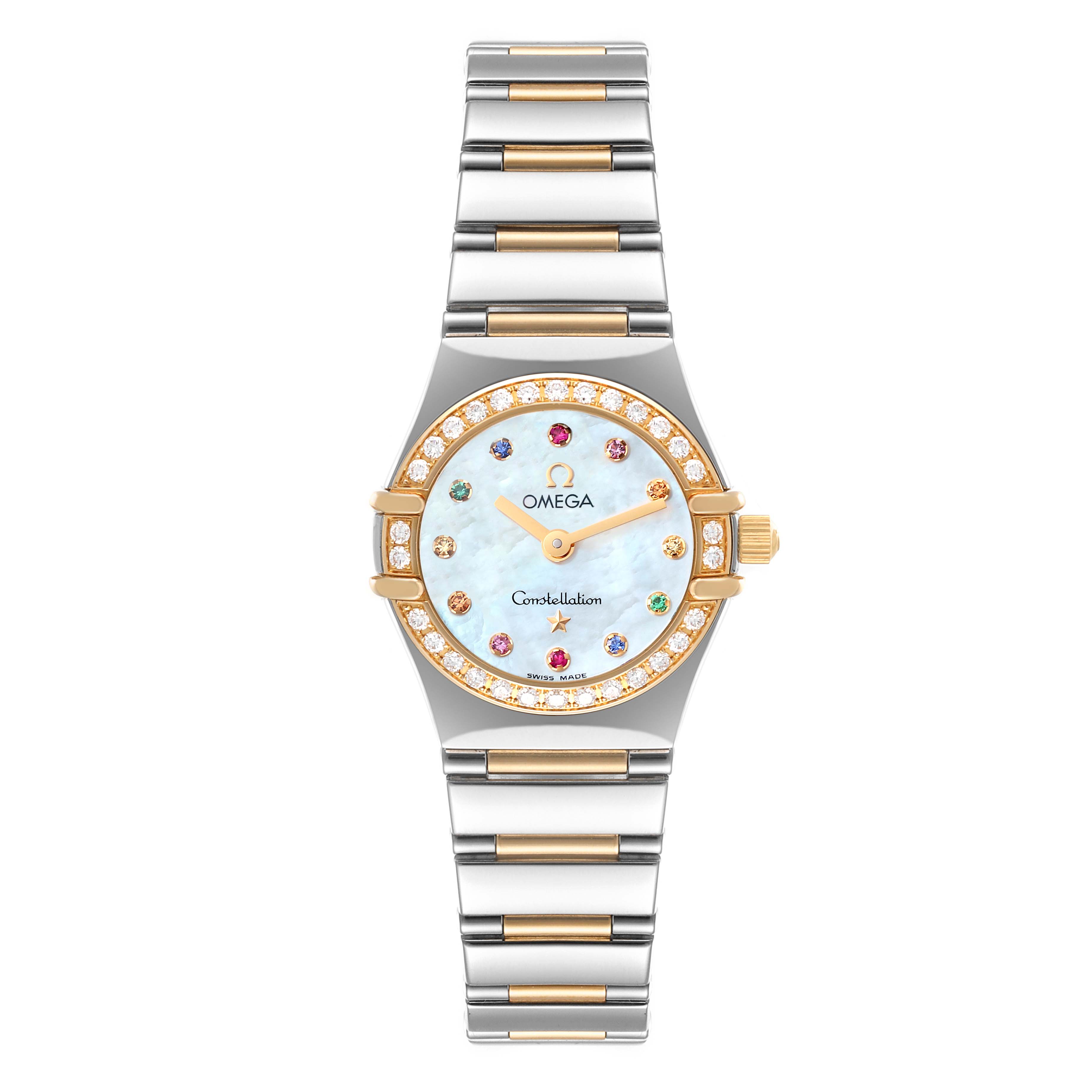 The Omega 1365.79.00 Women's Steel and Gold (two tone) Mother of Pearl Dial 1365.79.00 Women's Steel and Gold (two tone) Mother of Pearl Dial Constellation Iris Steel Rose Gold Multi Stone Watch 1365.79.00 is shown from a top-down angle, displaying the face, bezel, and bracelet.