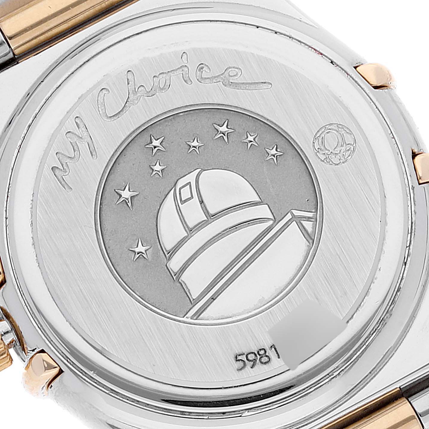 The image shows the case back of an Omega 1365.79.00 Women's Steel and Gold (two tone) Mother of Pearl Dial 1365.79.00 Women's Steel and Gold (two tone) Mother of Pearl Dial Constellation Iris Steel Rose Gold Multi Stone Watch, model 1365.79.00.