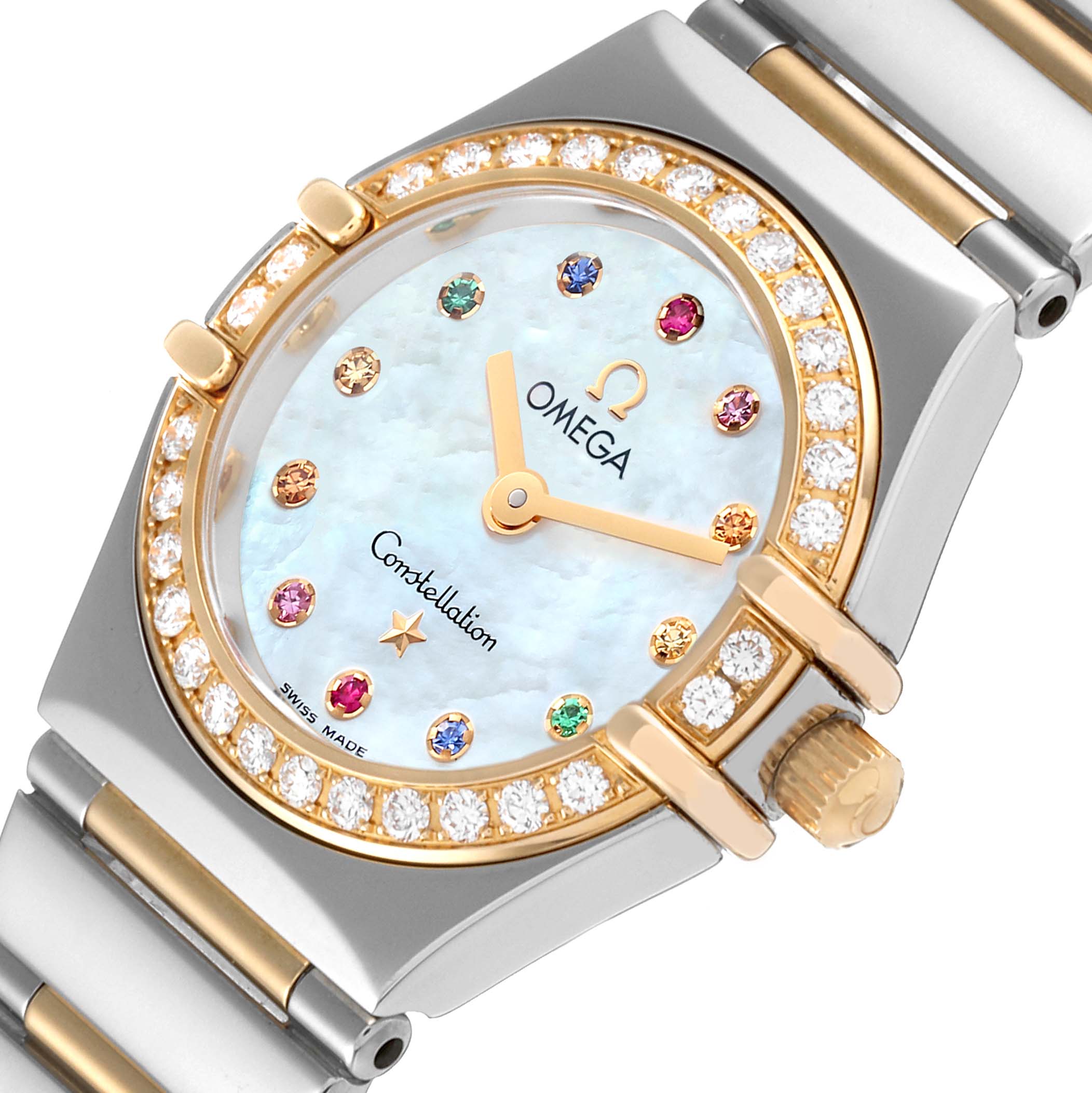 The image shows a close-up angle of the Omega 1365.79.00 Women's Steel and Gold (two tone) Mother of Pearl Dial 1365.79.00 Women's Steel and Gold (two tone) Mother of Pearl Dial Constellation Iris Steel Rose Gold Multi Stone Watch 1365.79.00, highlighting the dial and bezel.