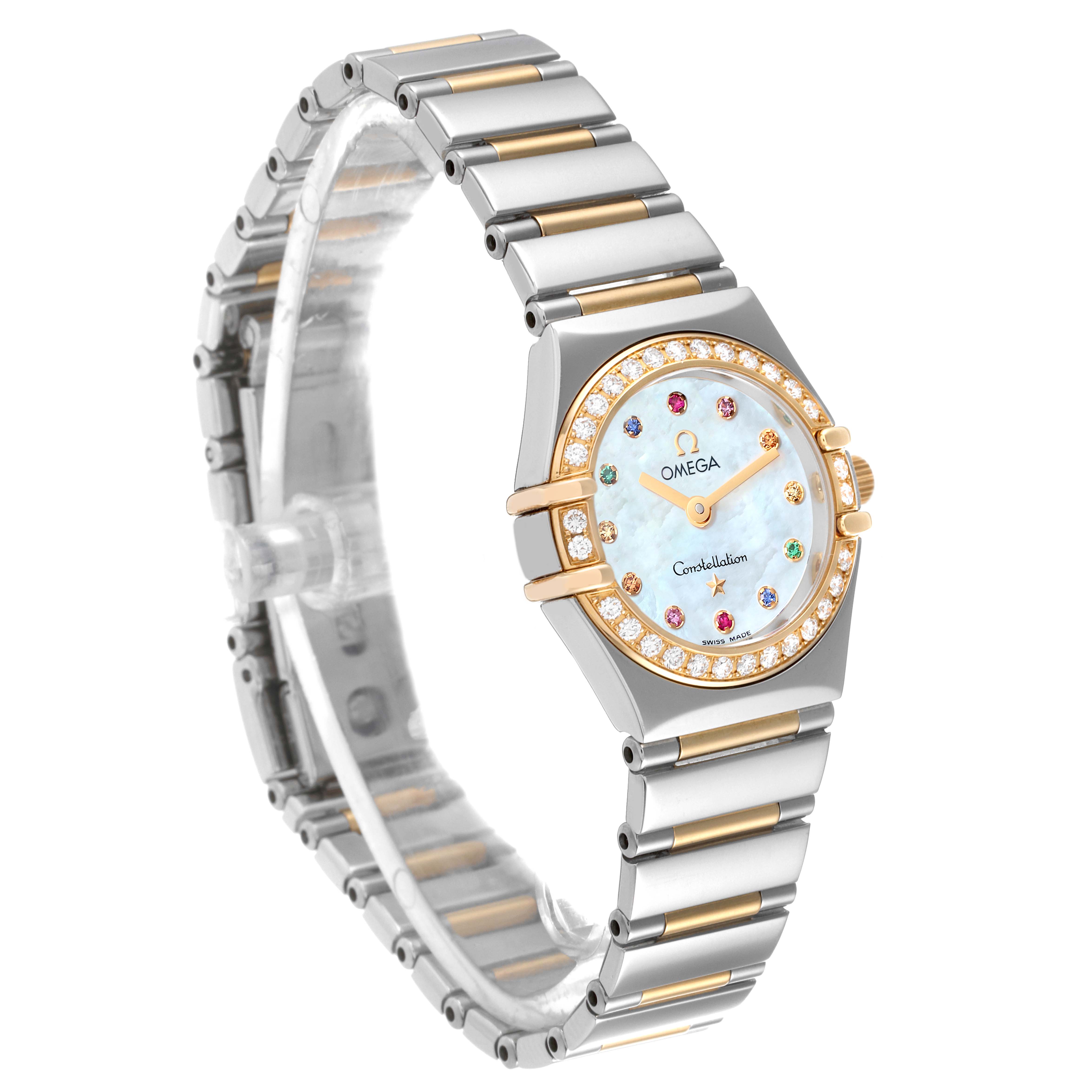 The image shows an angled view of the Omega 1365.79.00 Women's Steel and Gold (two tone) Mother of Pearl Dial 1365.79.00 Women's Steel and Gold (two tone) Mother of Pearl Dial Constellation Iris Steel Rose Gold Multi Stone Watch 1365.79.00, highlighting its dial and bracelet.