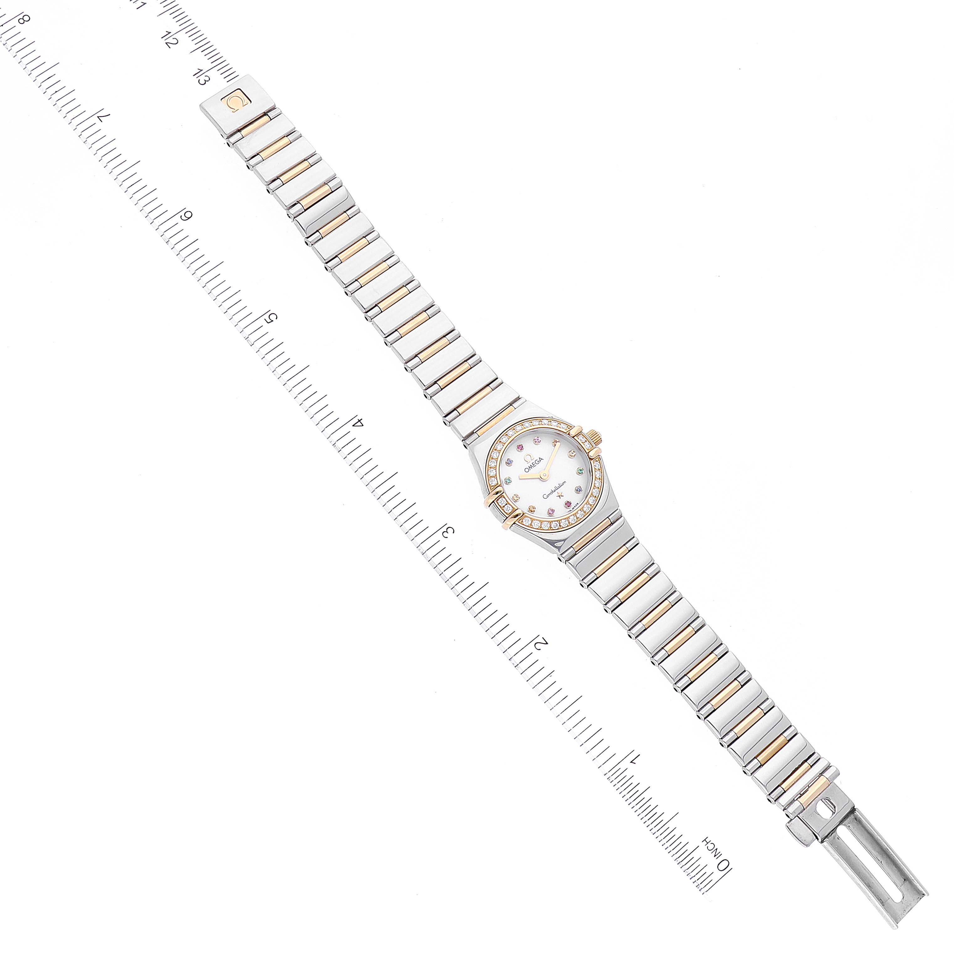 The image shows a full top-down view of the Omega 1365.79.00 Women's Steel and Gold (two tone) Mother of Pearl Dial 1365.79.00 Women's Steel and Gold (two tone) Mother of Pearl Dial Constellation Iris Steel Rose Gold Multi Stone Watch 1365.79.00.
