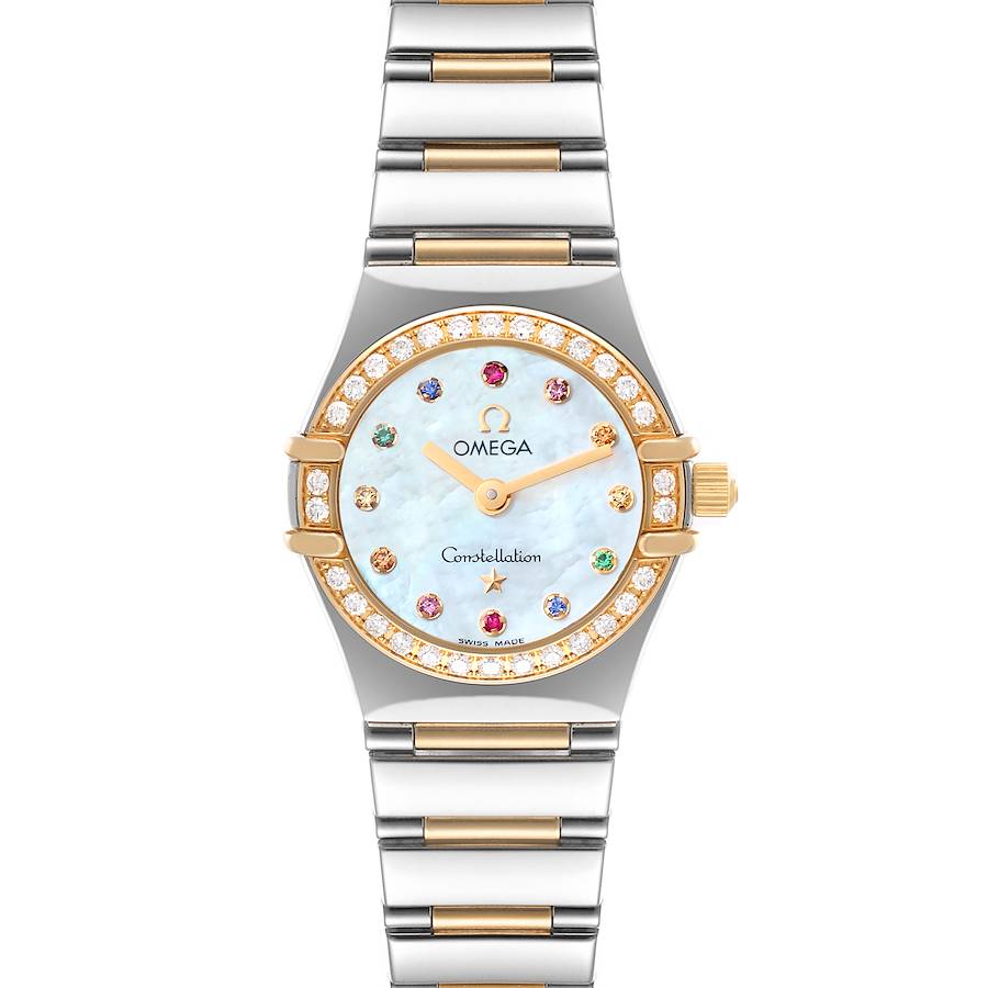 The image shows a front view of the Omega 1365.79.00 Women's Steel and Gold (two tone) Mother of Pearl Dial 1365.79.00 Women's Steel and Gold (two tone) Mother of Pearl Dial Constellation Iris Steel Rose Gold Multi Stone Watch, model 1365.79.00.