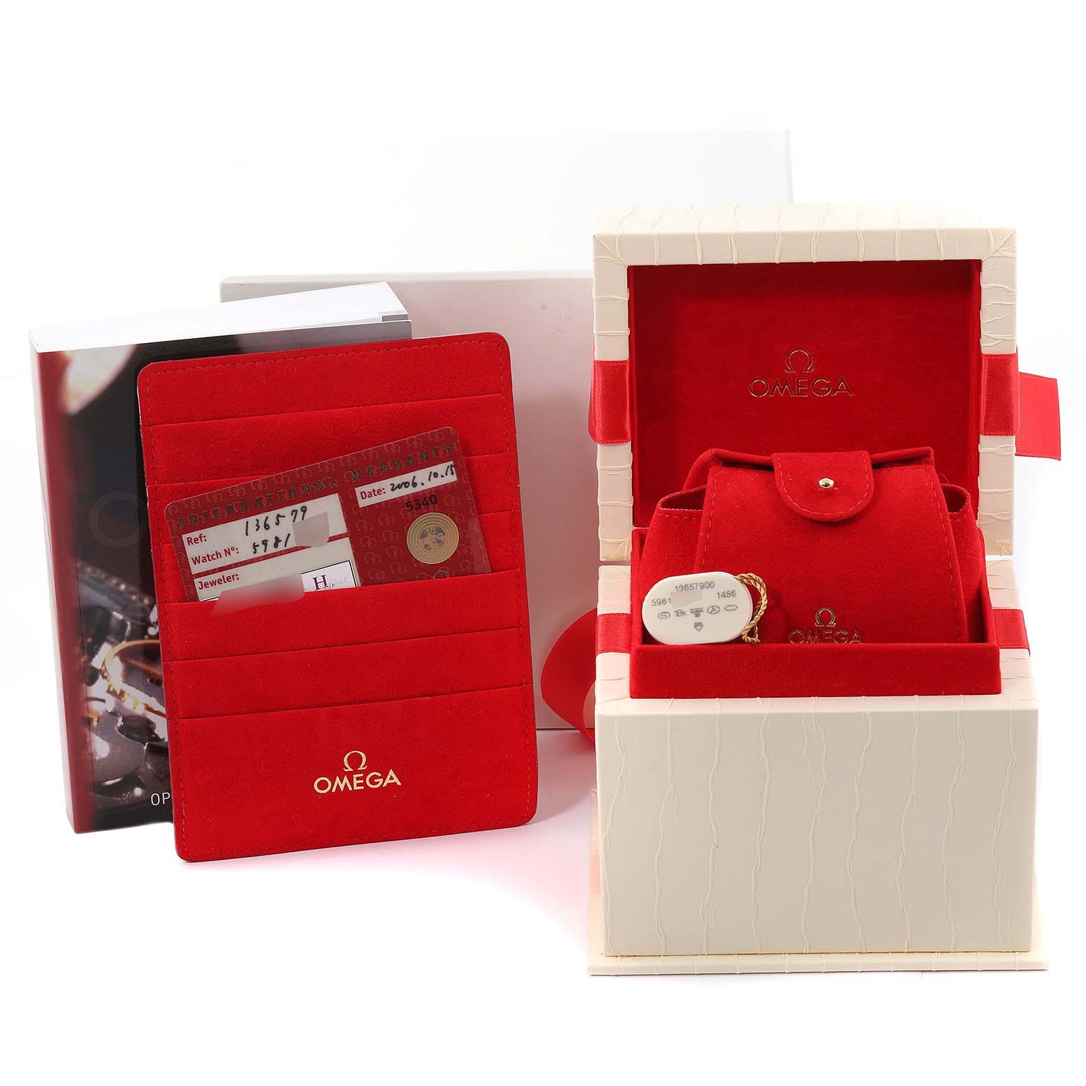 The image shows the Omega 1365.79.00 Women's Steel and Gold (two tone) Mother of Pearl Dial 1365.79.00 Women's Steel and Gold (two tone) Mother of Pearl Dial Constellation Iris Steel Rose Gold Multi Stone Watch 1365.79.00, featuring its box, card wallet, and packaging.