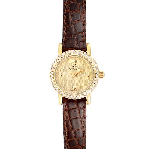 The image shows a front view of the Omega 1450 Women's Yellow Gold Champagne Dial 1450 Women's Yellow Gold Champagne Dial DeVille Mini Yellow Gold Diamond Cocktail Ladies Watch 1450 model, displaying its face, strap, and bezel.