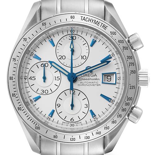 This is a front view of the Omega Speedmaster 3211.32.00 Men's Stainless Steel Silver Dial 3211.32.00 Men's Stainless Steel Silver Dial watch, showing the dial, subdials, tachymetre, and part of the bracelet and crown.
