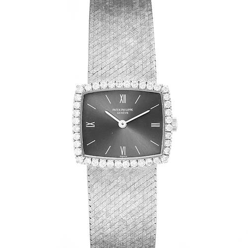 This image shows a front view of the Patek Philippe 3353/1 Women's White Gold Grey Dial 3353/1 Women's White Gold Grey Dial 3353 model ladies watch featuring an 18k white gold diamond bezel.