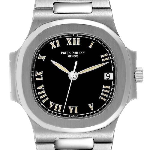 This image shows a front view of the Patek Philippe Nautilus 3800/1 Men's Stainless Steel Black Dial 3800/1 Men's Stainless Steel Black Dial watch, displaying its dial, case, and part of the bracelet.