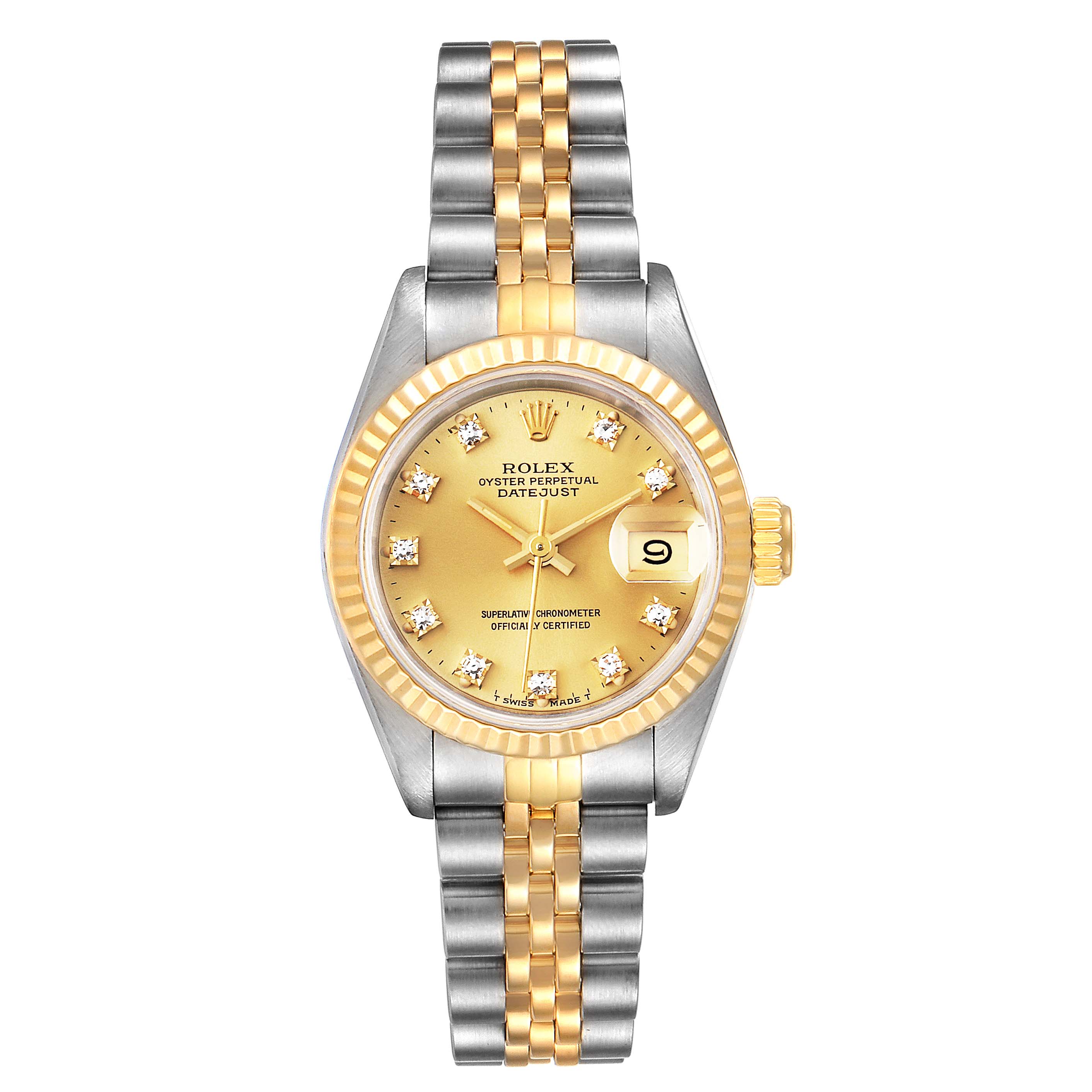 This image shows a front view of a Rolex Datejust 69173 Women's Steel and Gold (two tone) Champagne Dial 69173 Women's Steel and Gold (two tone) Champagne Dial watch, displaying the dial, bezel, case, and bracelet.
