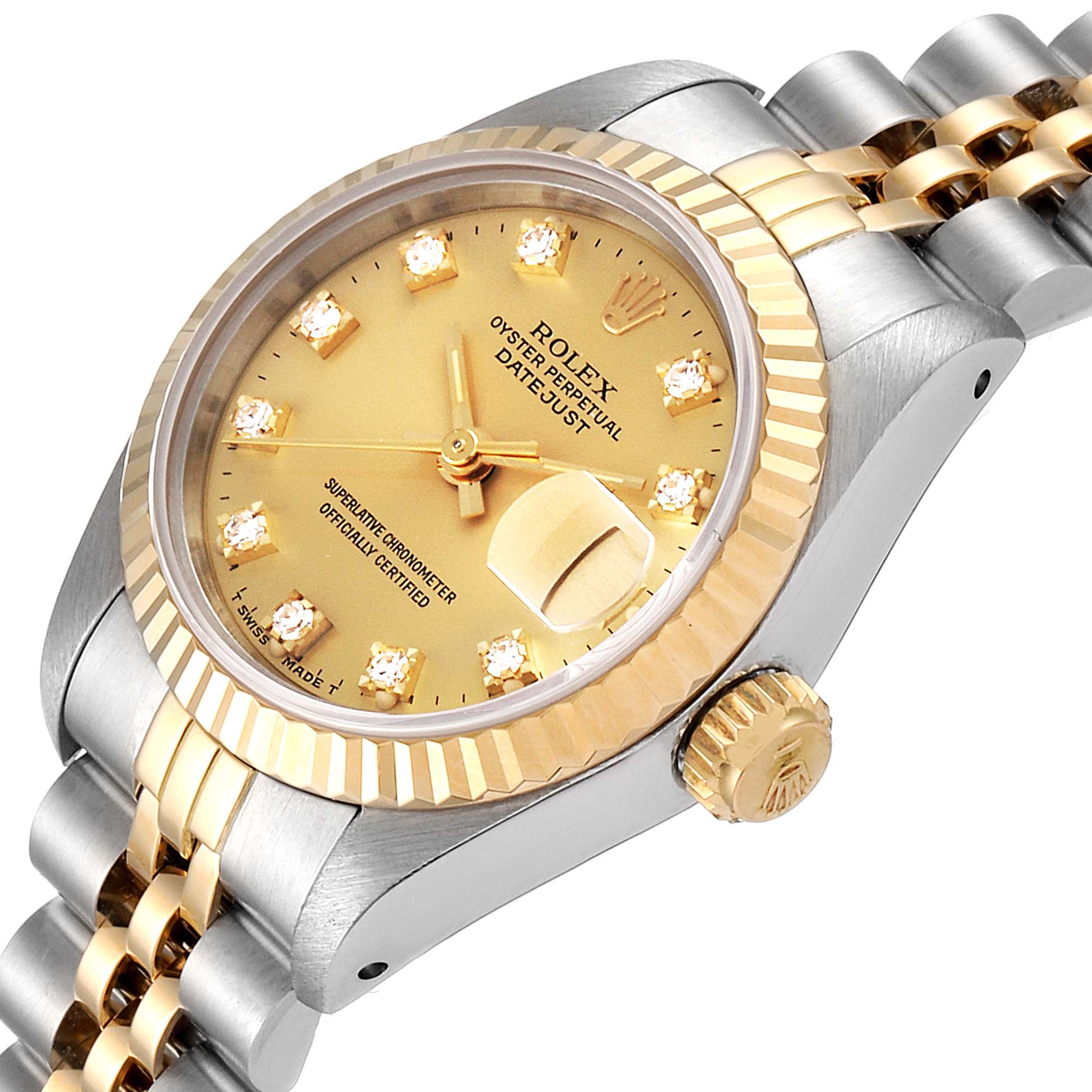 This Rolex Datejust 69173 Women's Steel and Gold (two tone) Champagne Dial 69173 Women's Steel and Gold (two tone) Champagne Dial watch is shown at a slight angle, revealing the dial, fluted bezel, crown, and part of the bracelet.