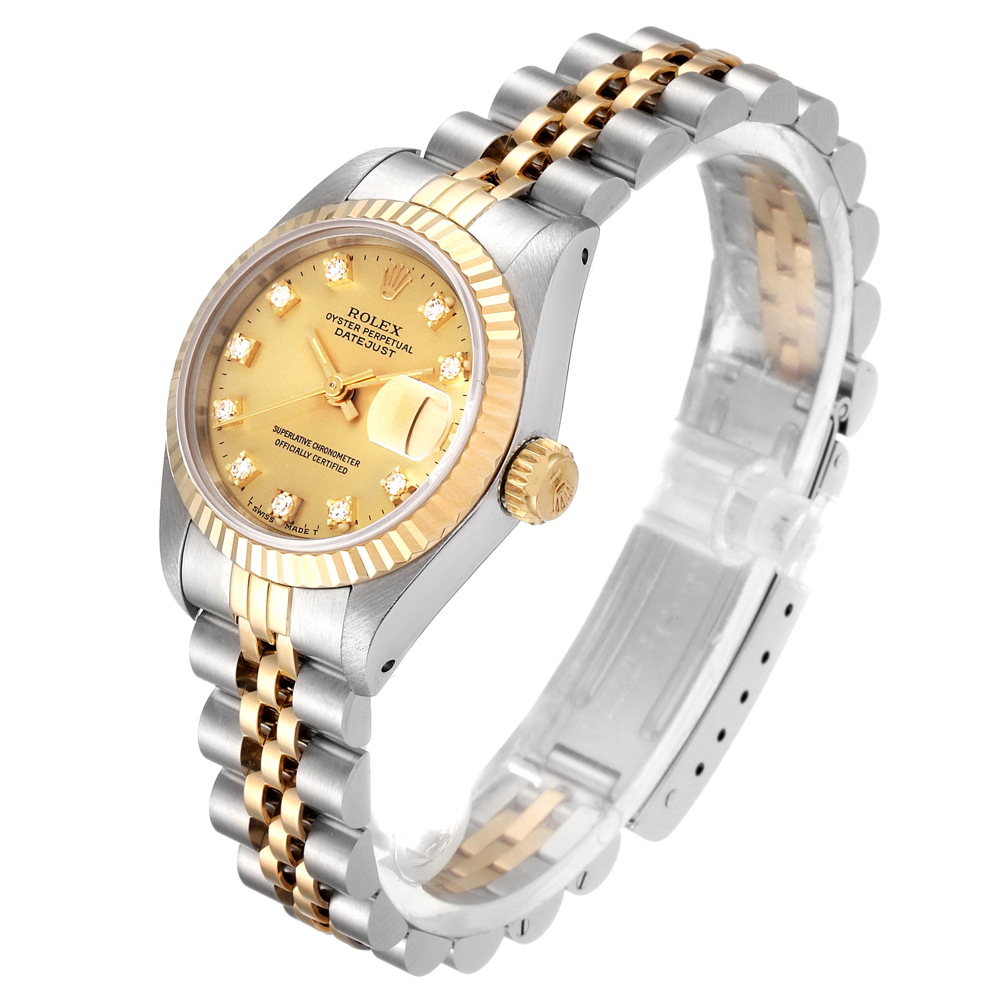 The Rolex Datejust 69173 Women's Steel and Gold (two tone) Champagne Dial 69173 Women's Steel and Gold (two tone) Champagne Dial watch is shown from an angle displaying the dial, crown, and two-tone bracelet.