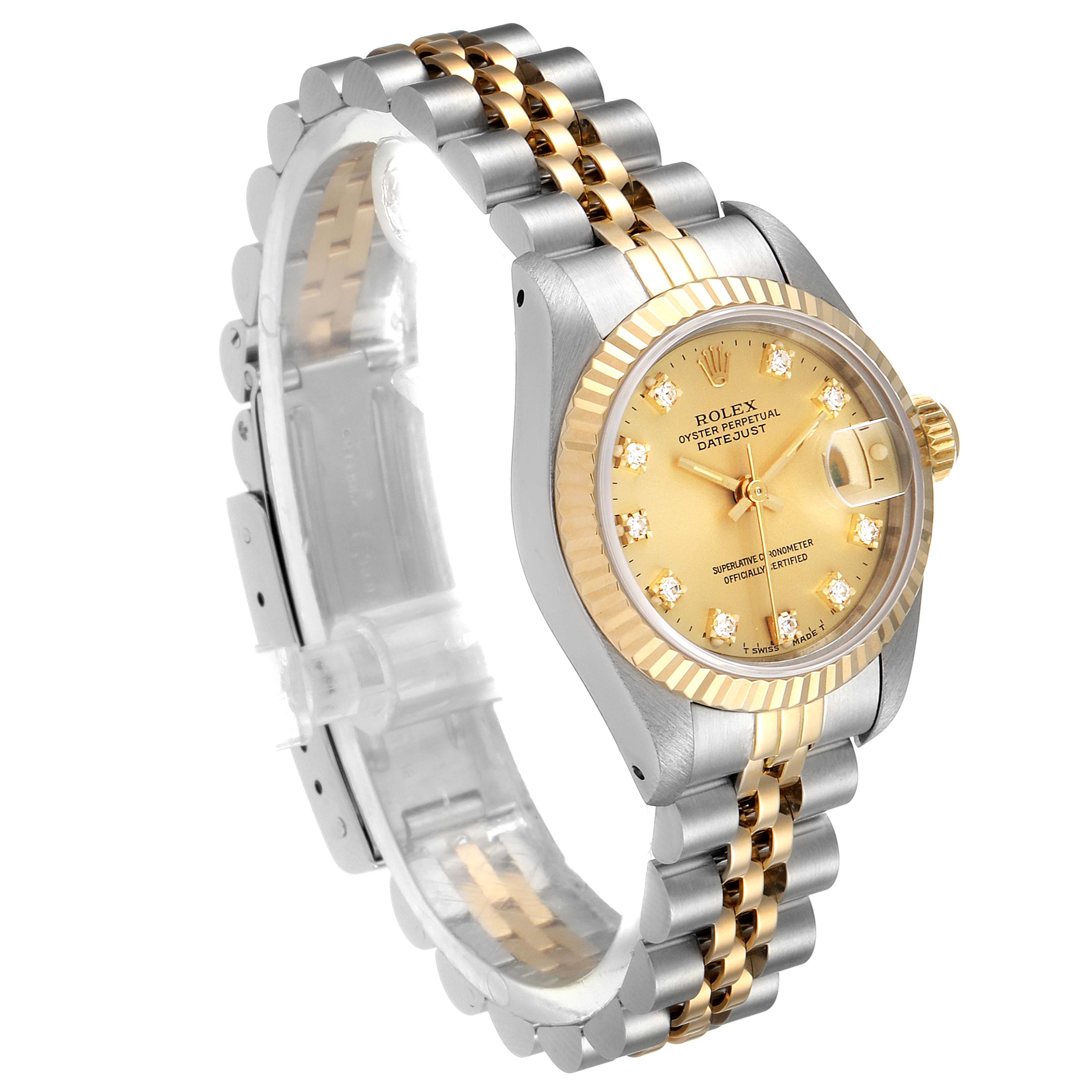 This image shows a Rolex Datejust 69173 Women's Steel and Gold (two tone) Champagne Dial 69173 Women's Steel and Gold (two tone) Champagne Dial model watch from an oblique angle, highlighting the face, bezel, and bracelet.