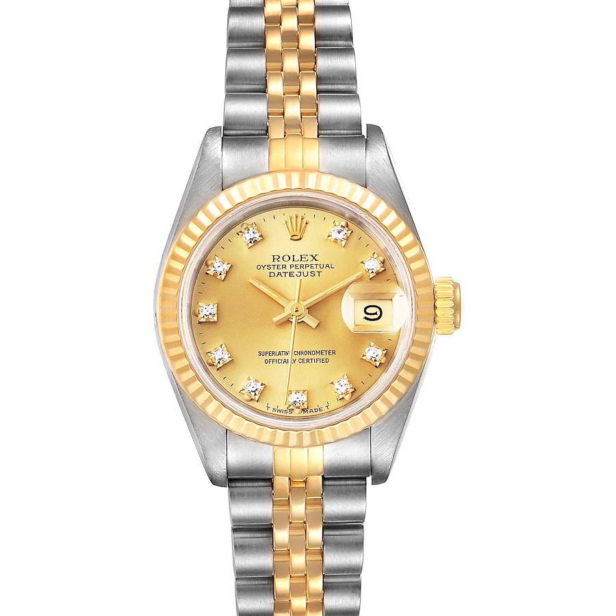 The image shows a Rolex Datejust 69173 Women's Steel and Gold (two tone) Champagne Dial 69173 Women's Steel and Gold (two tone) Champagne Dial watch from a frontal angle, highlighting the dial, hands, date window, bezel, and bracelet.