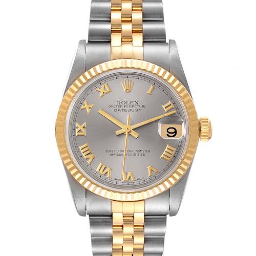 The Rolex Mid-Size 78273 Women's Steel and Gold (two tone) Grey Dial 78273 Women's Steel and Gold (two tone) Grey Dial Datejust watch is shown from a front angle, displaying the dial, bezel, and bracelet.