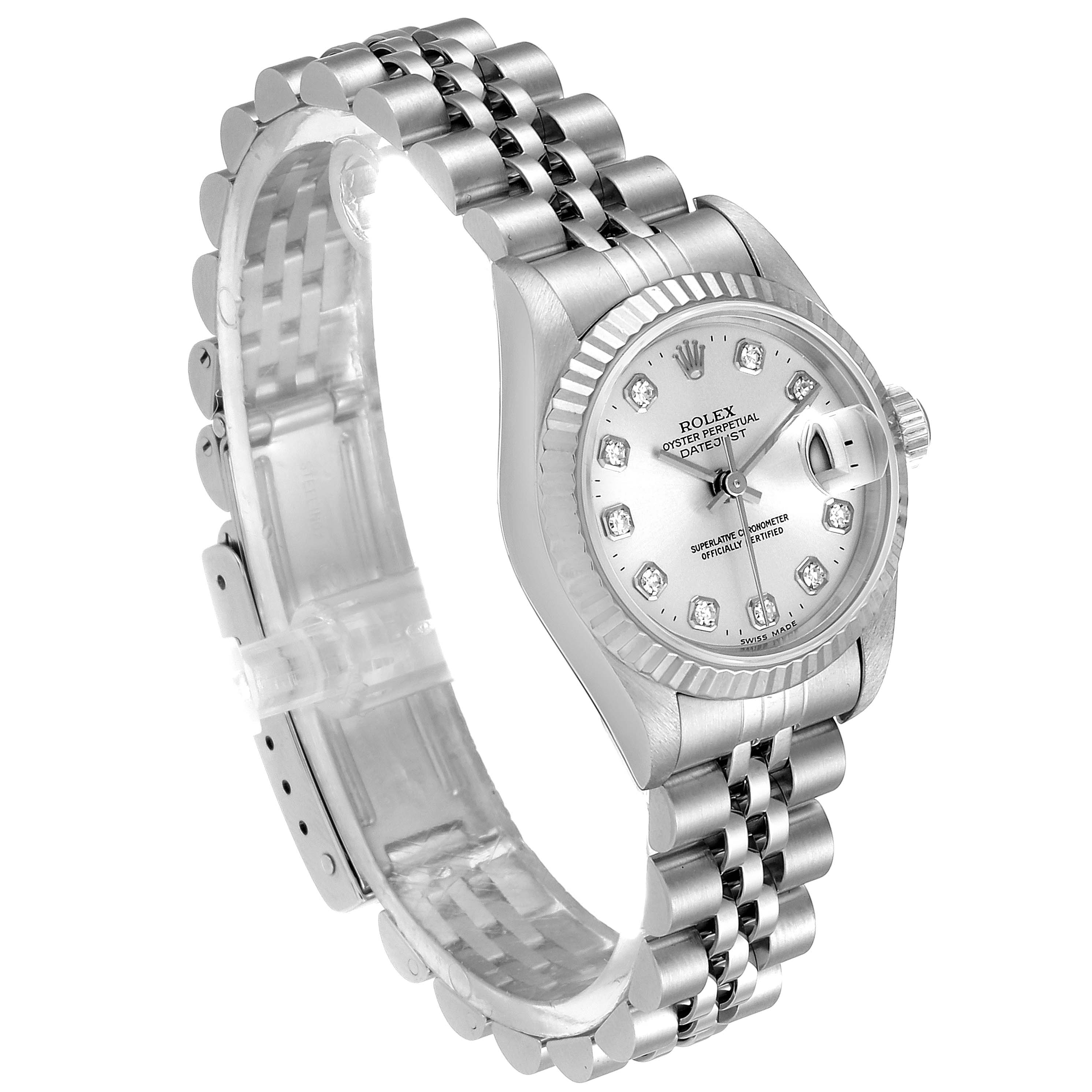 The Rolex Datejust 69174 Women's Stainless Steel Silver Dial 69174 Women's Stainless Steel Silver Dial watch is shown from a three-quarter angle, highlighting the face, bezel, and bracelet.