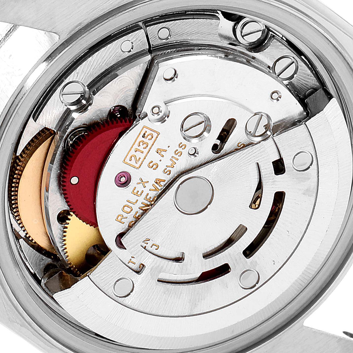 This close-up image shows the movement mechanism of the Rolex Datejust 69174 Women's Stainless Steel Silver Dial 69174 Women's Stainless Steel Silver Dial watch, revealing gears and the rotor.