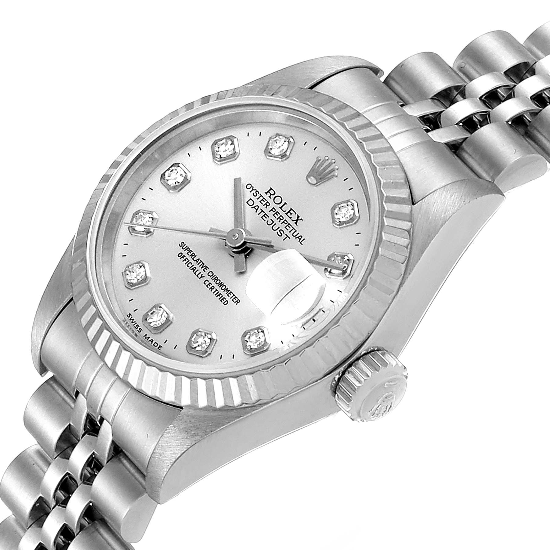 The Rolex Datejust 69174 Women's Stainless Steel Silver Dial 69174 Women's Stainless Steel Silver Dial watch is shown at a slight angle, displaying the face, crown, and part of the bracelet.